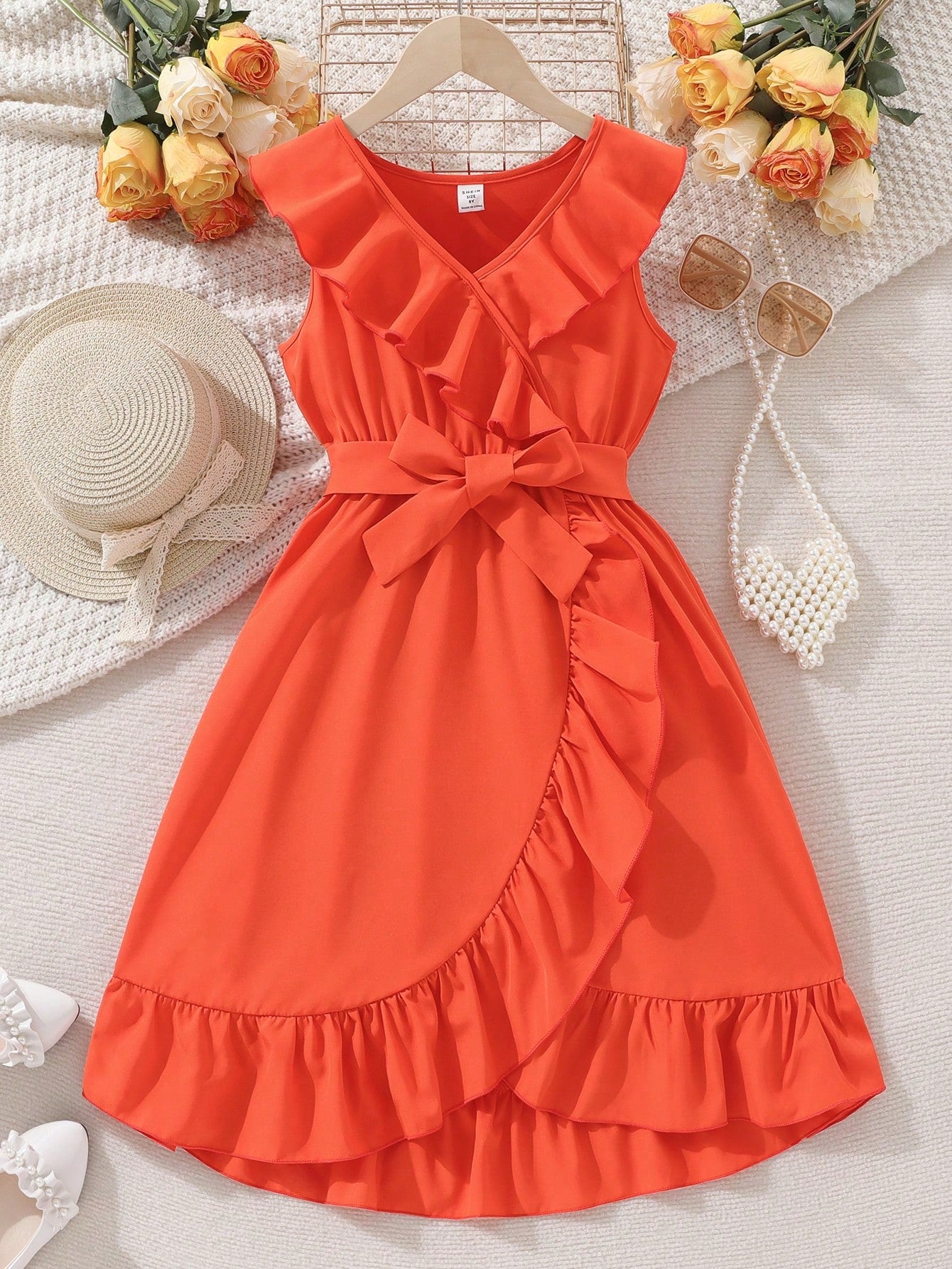 Tween Girl Ruffle Trim Wrap Belted Dress