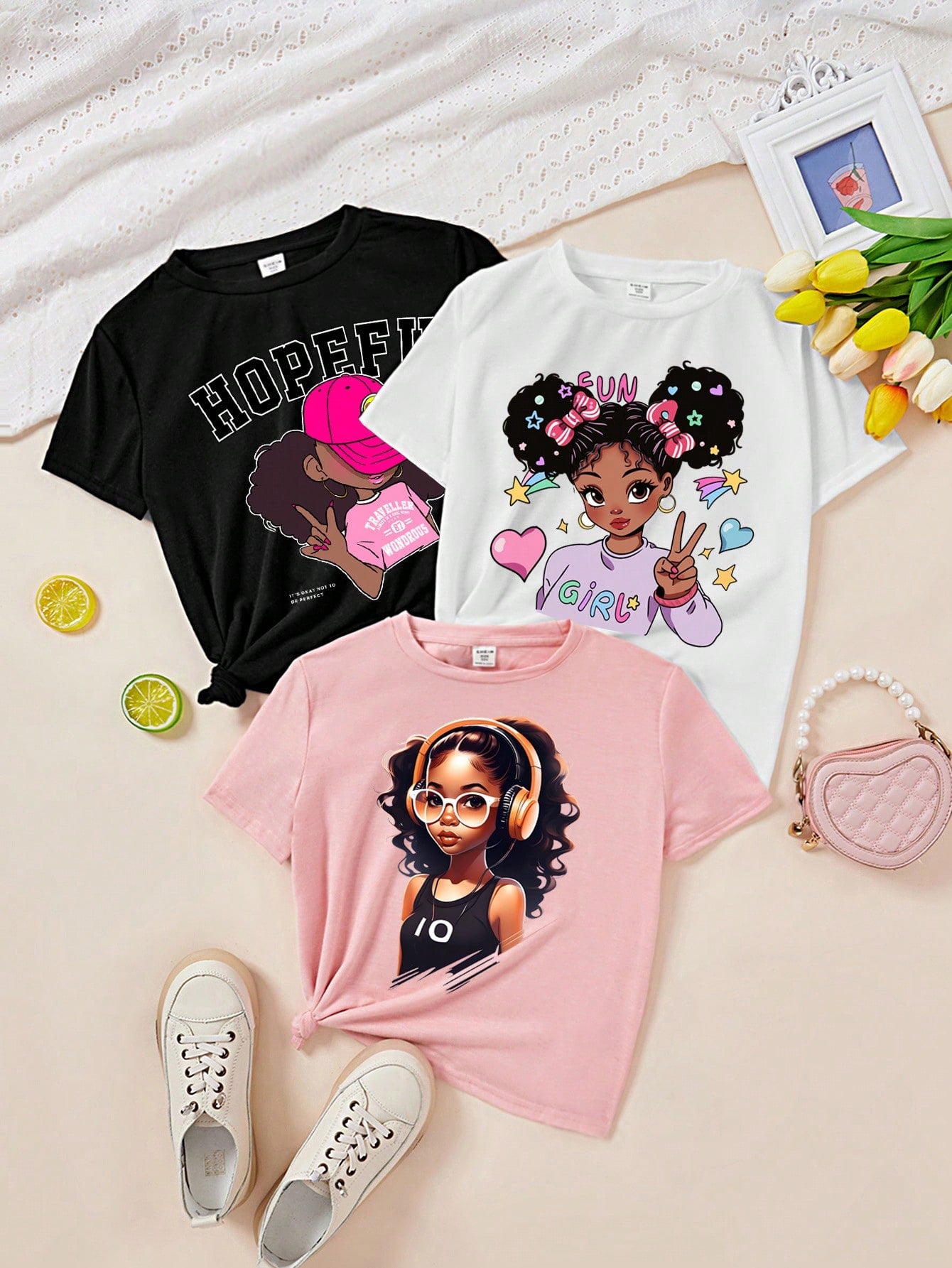 Multipack Casual Simple Cartoon Pattern T-Shirts For Tween Girls, Suitable For Summer