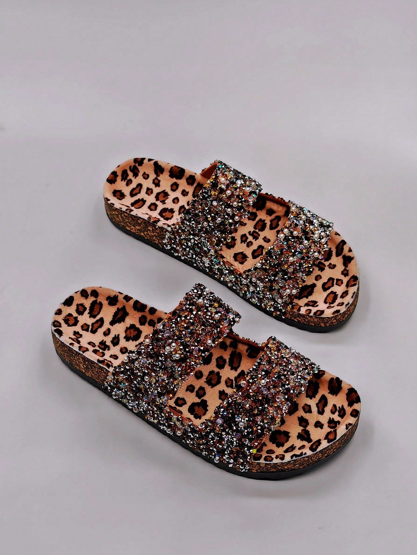 New Black Glass Rhinestone Glitter Flat Slipper Fluffy Wedge Sandals Women's Slip-On Beach Slides