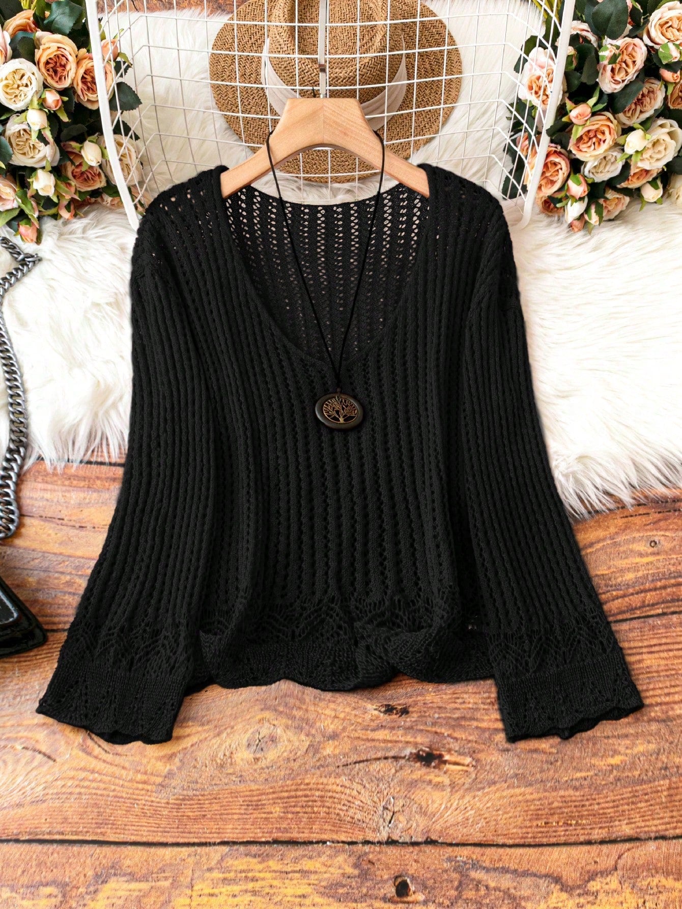 Plus Size Loose Fit Solid Color Ribbed Knit V-Neck Casual Sweater