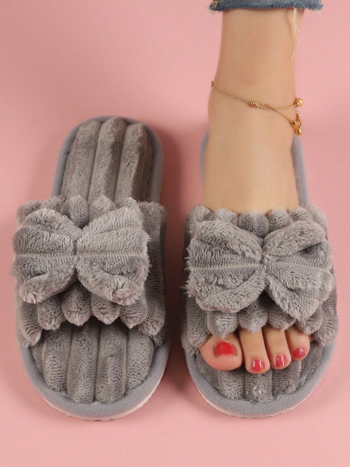 Bow Knot Fluffy Open-Toe Slippers For Women, Soft And Warm Indoor Home Slippers All Seasons