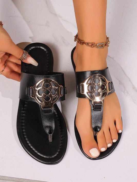 Women's Metallic Accents Casual Fashion Slip-On Flat Sandals With Cushioned Insole