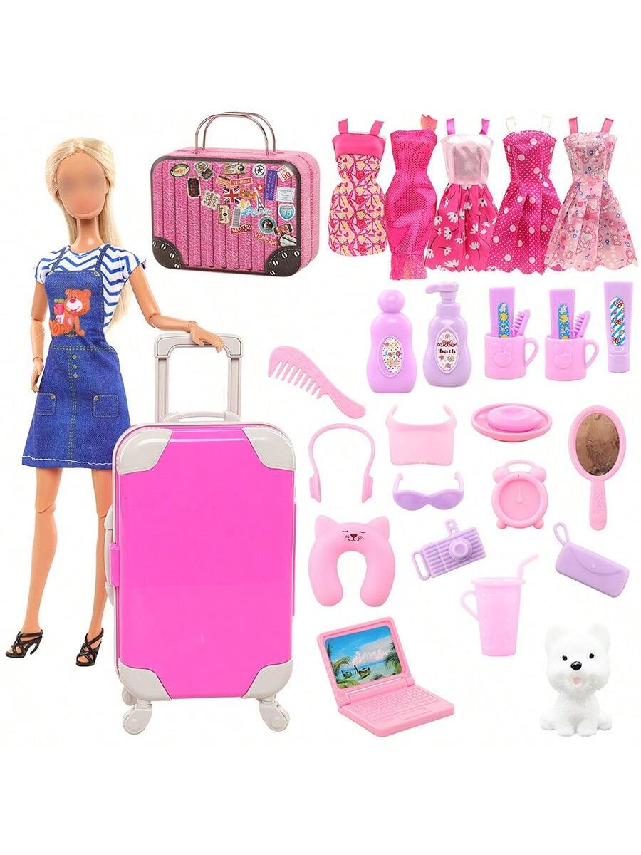 32pcs Doll Suitcase/Luggage Set For 11.5 Inch Dolls, Including 1 Luggage, 1 Carry-On Suitcase, 23 Travel Toiletries, 5 Dresses, 1 Puppy, And 1 Computer (Random Color)