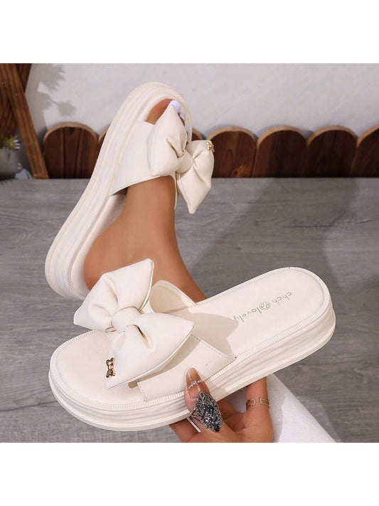 Women's Flat Sandals, Slip On Open Toe Bow Knot Crisscross Strap Slide Sandals, Casual Summer Shoes In Beige