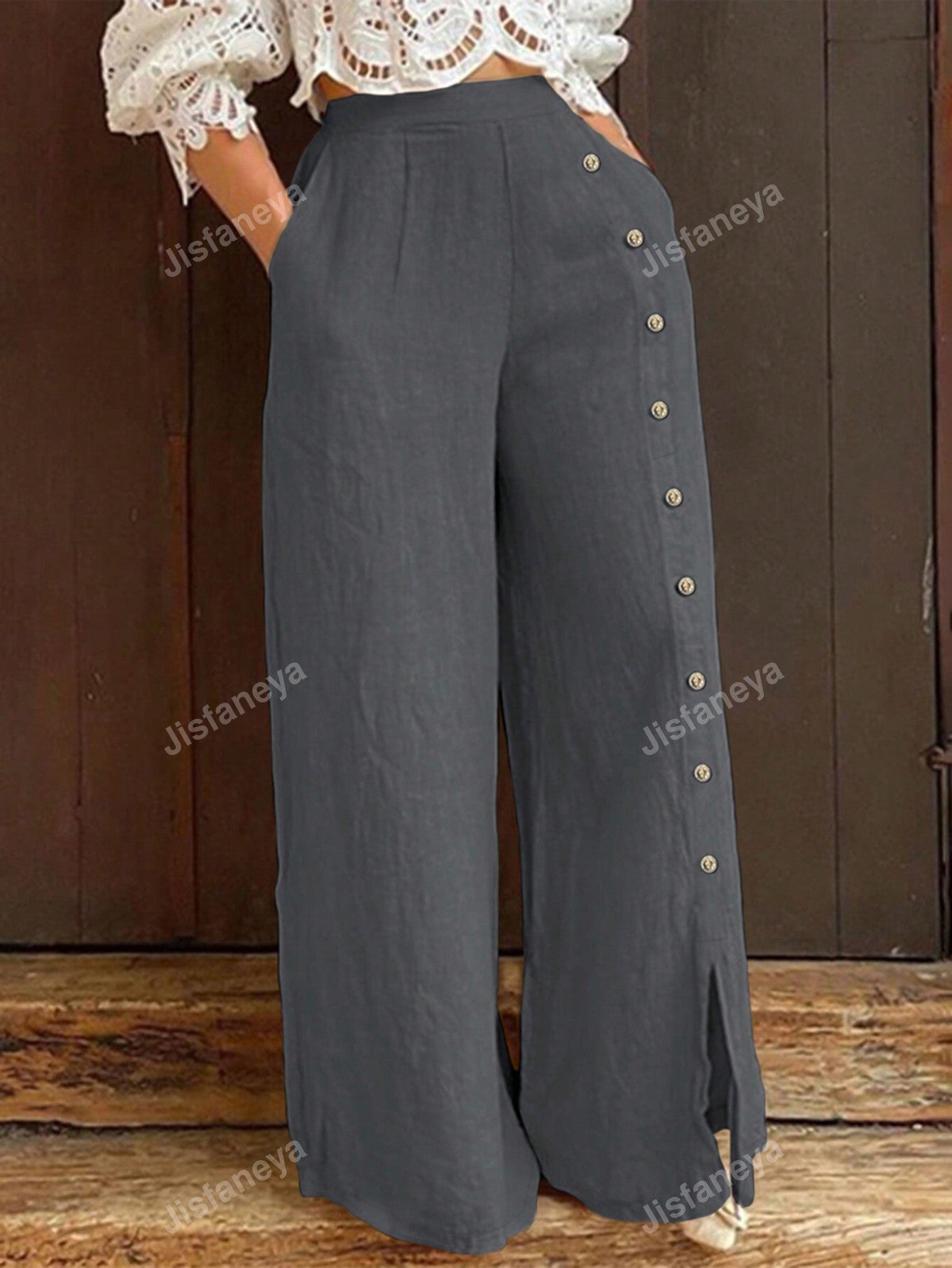 Women's Solid Color Button Closure Long Pants