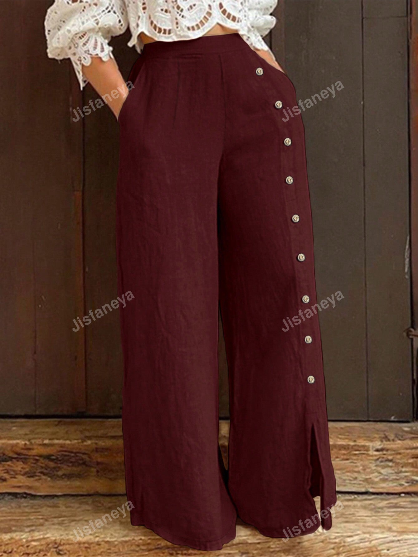 Women's Solid Color Button Closure Long Pants