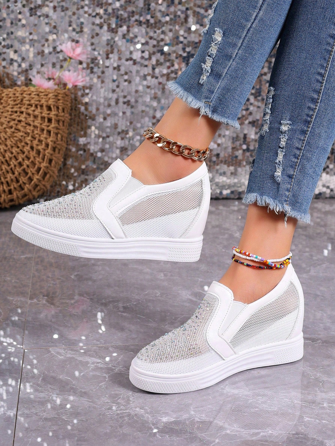 Women's Summer Breathable Mesh Sneakers, 2024 Spring Edition. Made Of Genuine Leather, With Diamond Decoration And Thick Outsole, Slip-On Style For Casual Wear