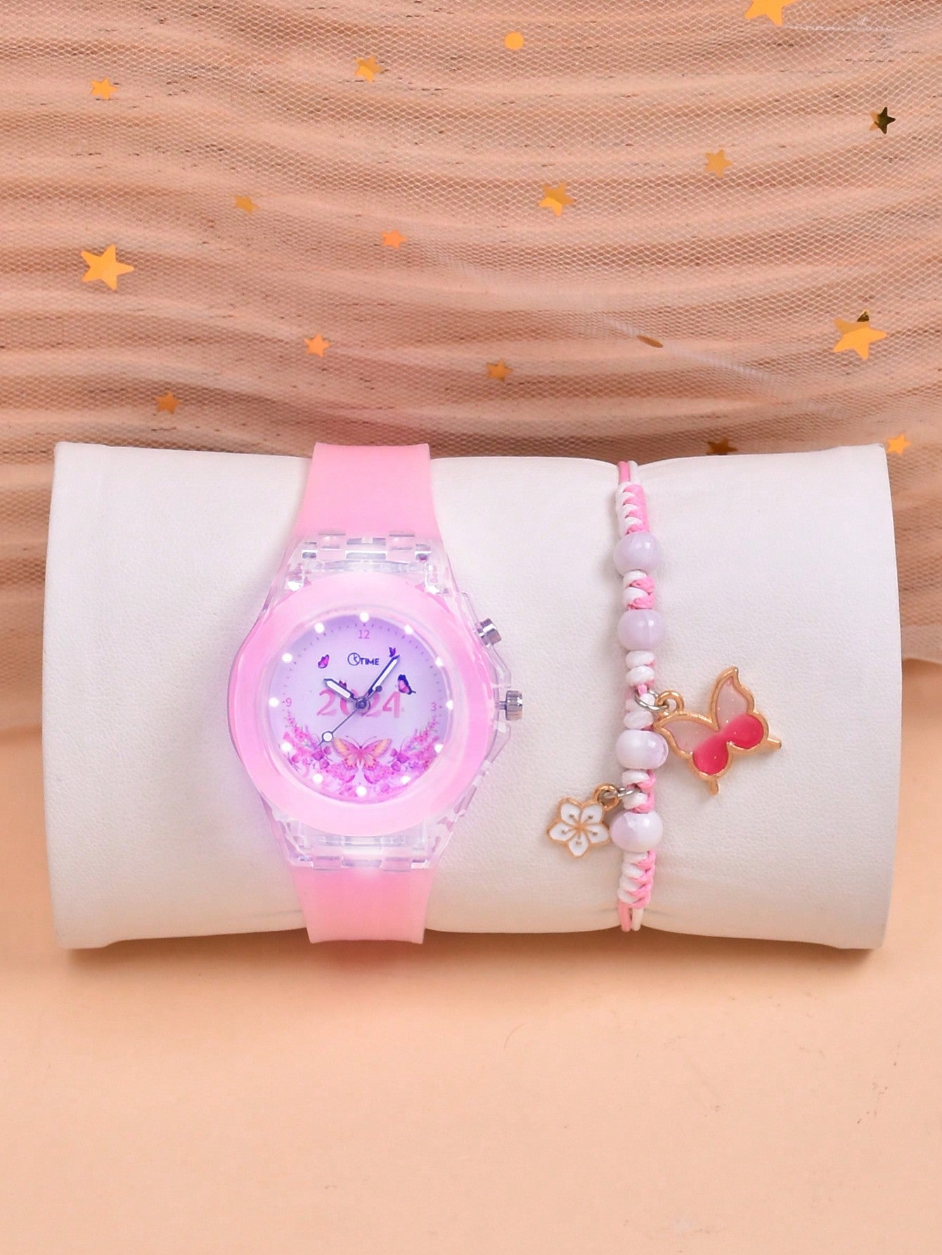 1pc Girls Butterfly Pattern Silicone Strap Cute Luminous Round Dial Quartz Watch & 1pc Beaded Bracelet, For Daily Life