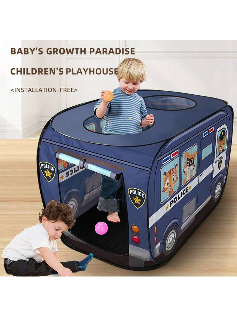 1pc Children's Tent With Portable Folding Deep Blue Police Car Design, For Indoor And Outdoor Play