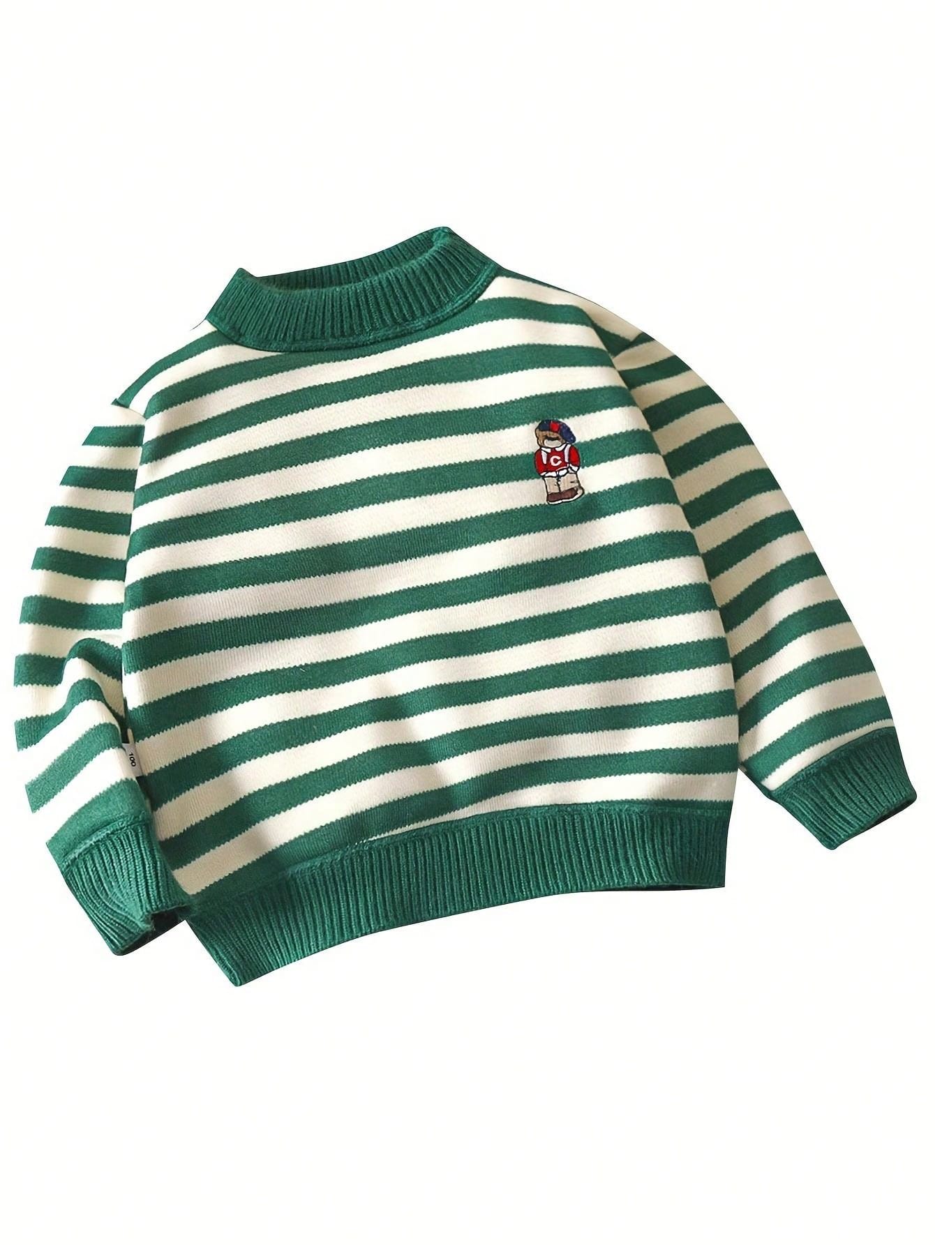 Young Boy 2024 New Autumn And Winter Colorful Striped Cartoon Embroidered Crewneck Sweater