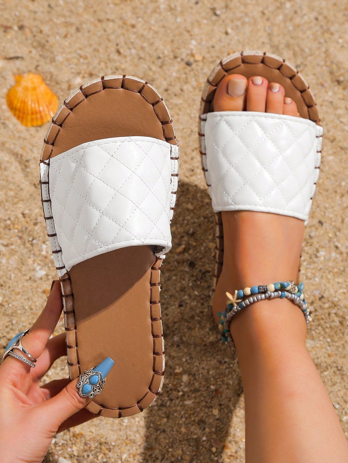 Women Quilted Detail Single Band Slide Sandals, Vacation Sandals