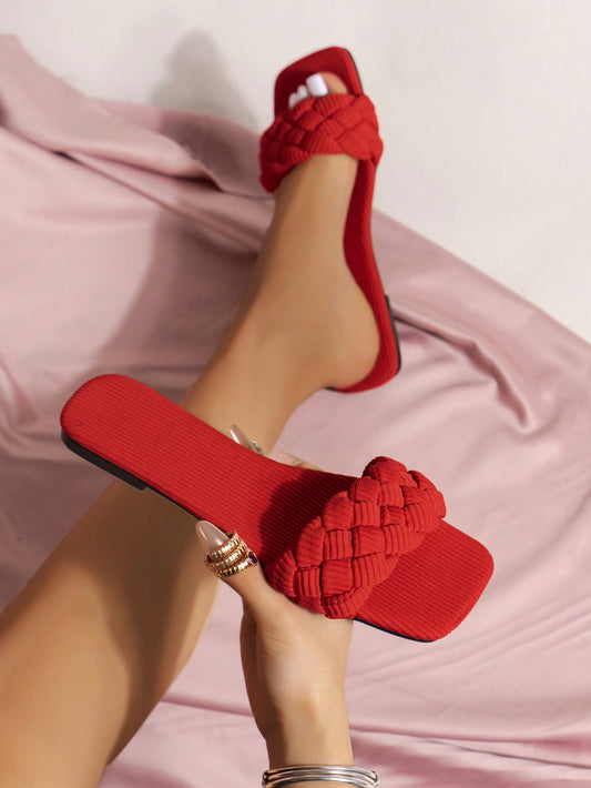 Summer Vacation Elegant Red Woven Design Flat Women's Sandals