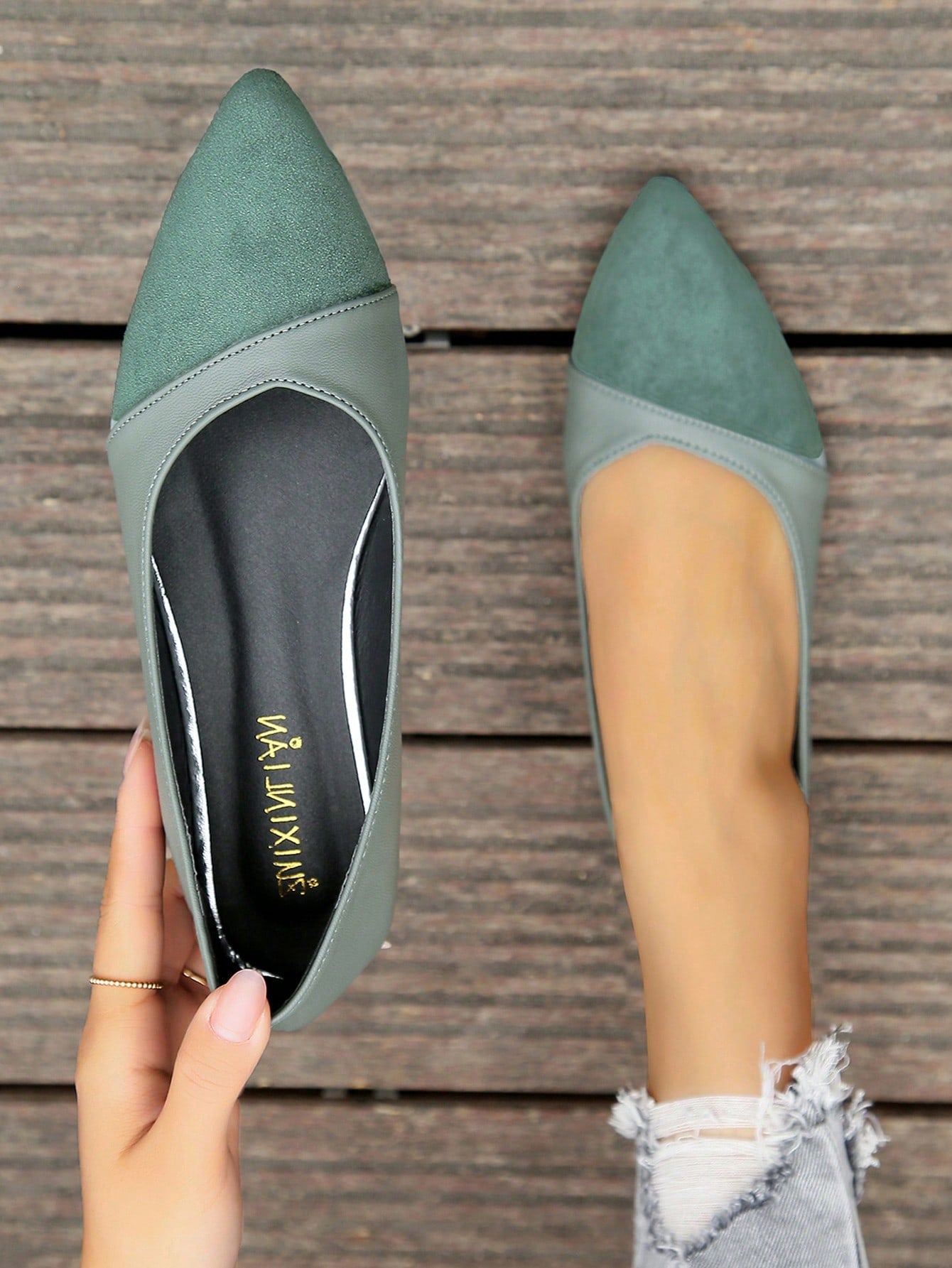 New Fashion Women's Pointed Toe Green Flat Shoes With Comfortable Shallow Mouth And Patchwork Design For Work, Walking And Traveling