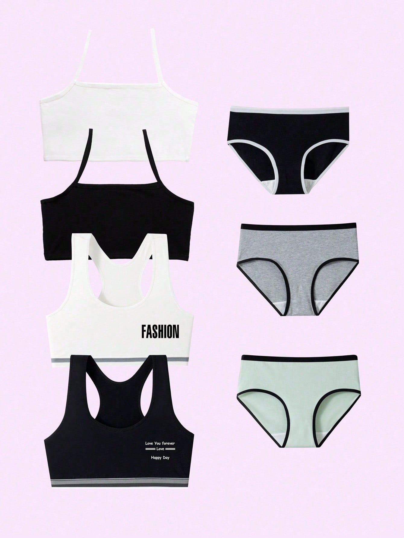 Tween Girl 4pcs Letter Graphic Bralette & 3pcs Contrast Binding Brief