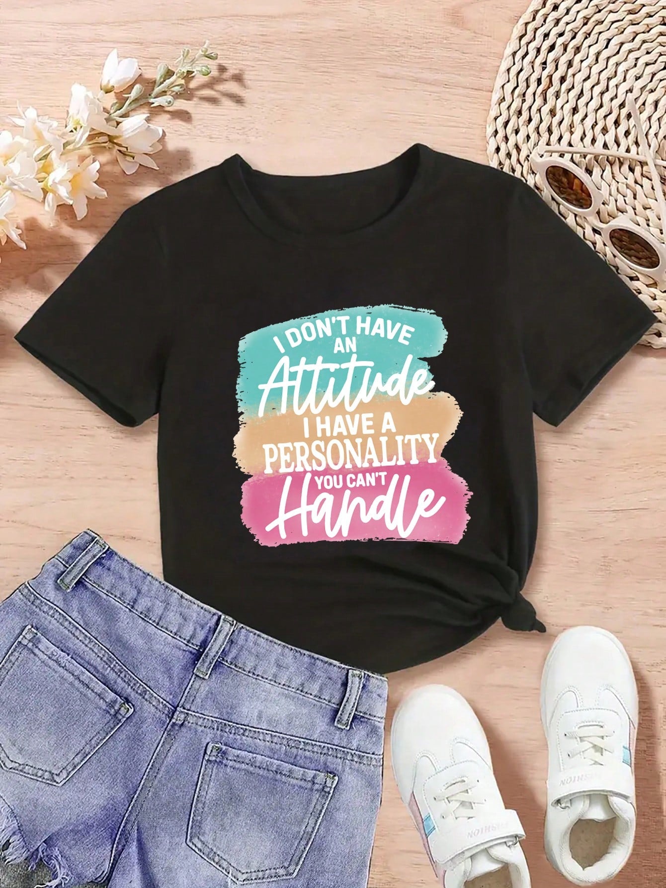 Tween Girls' Casual Slogan Printed Round Neck Pullover Short Sleeve T-Shirt, Summer