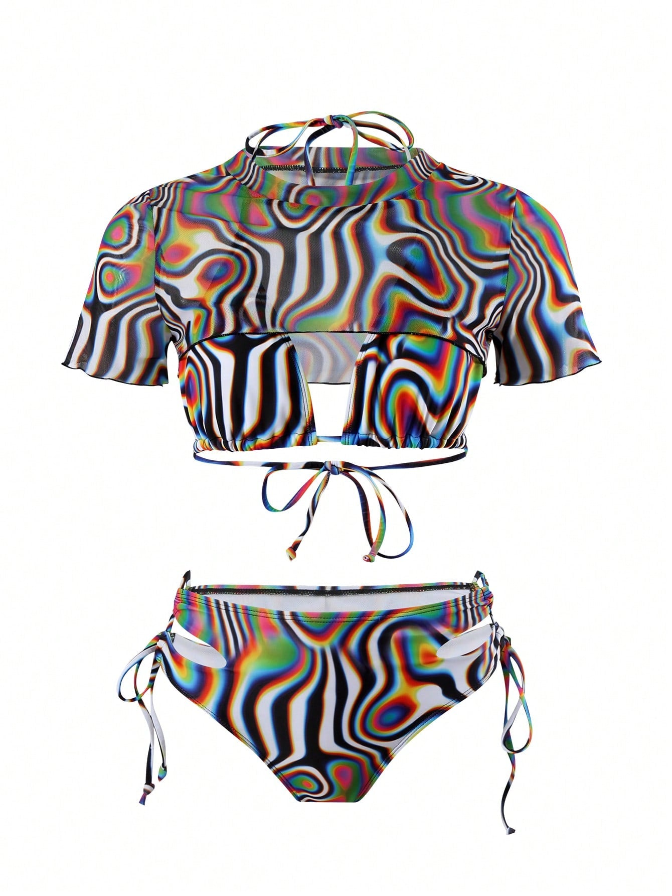 Women's Summer Beach Marble Printed Halter Neck Bikini Set With Short Sleeve Cover Up Top