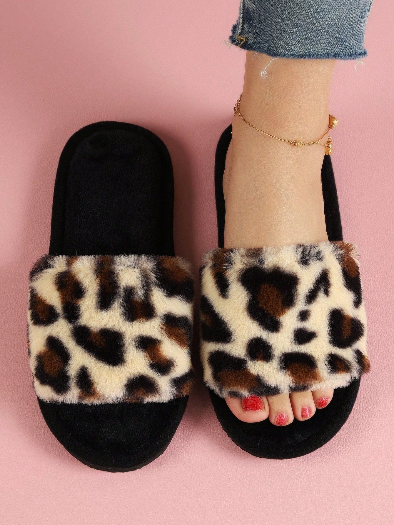 Women Leopard Pattern Fuzzy Bedroom Slippers, Fashionable Open Toe Home Slippers