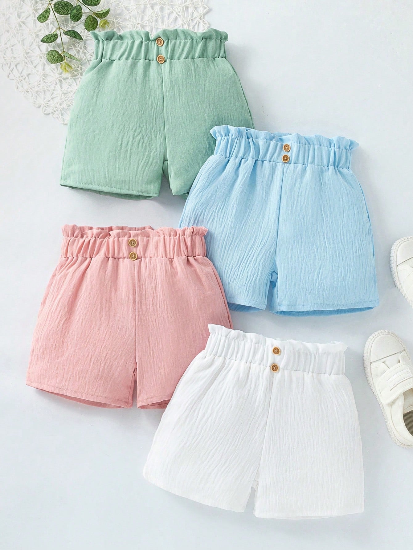 Young Girls' Simple Style Casual Elastic Waistband Shirred Shorts Four-Piece Set For Summer