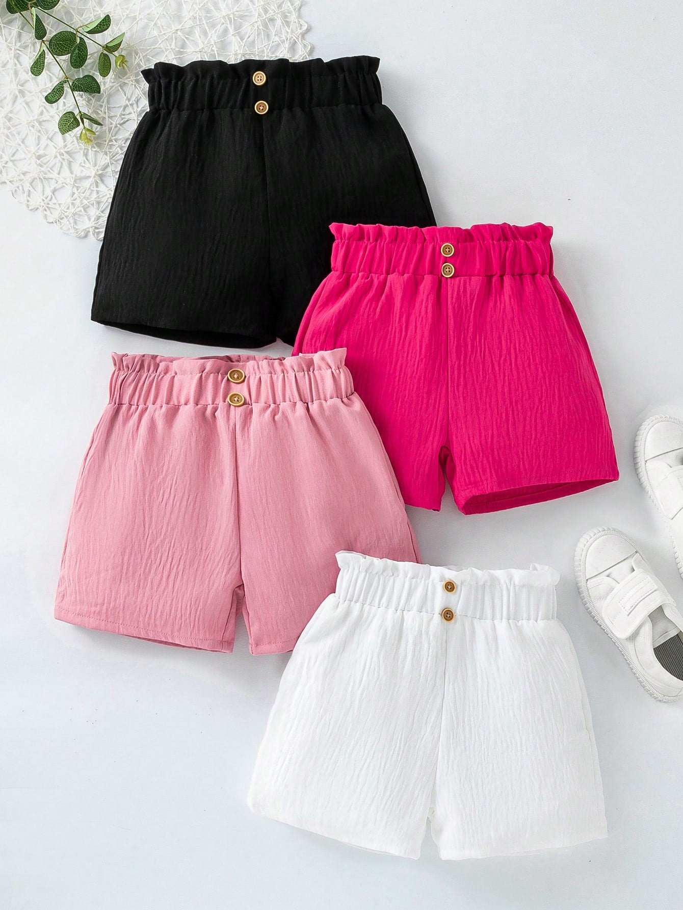 Young Girls' Simple Style Casual Elastic Waistband Shirred Shorts Four-Piece Set For Summer