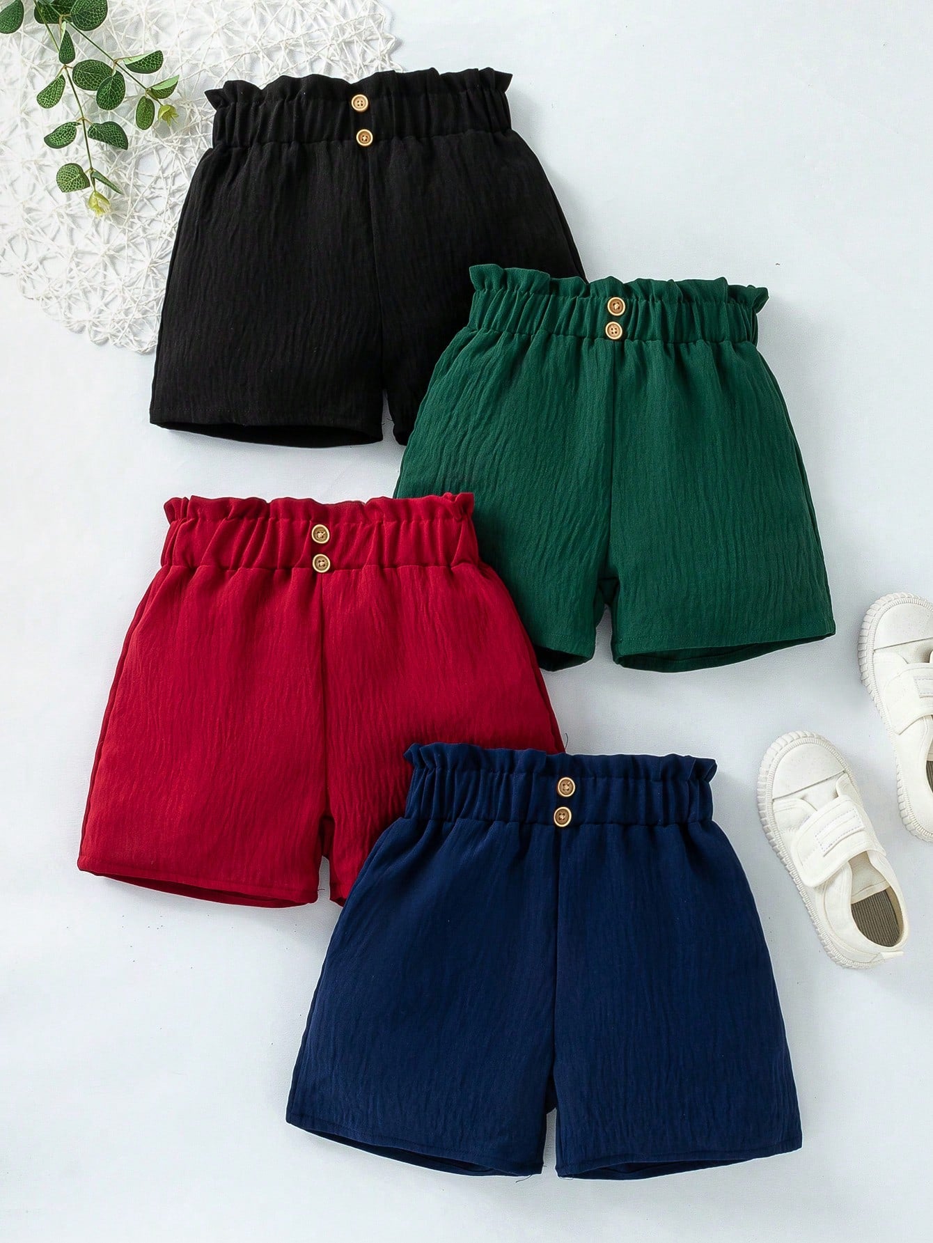 Young Girls' Simple Style Casual Elastic Waistband Shirred Shorts Four-Piece Set For Summer