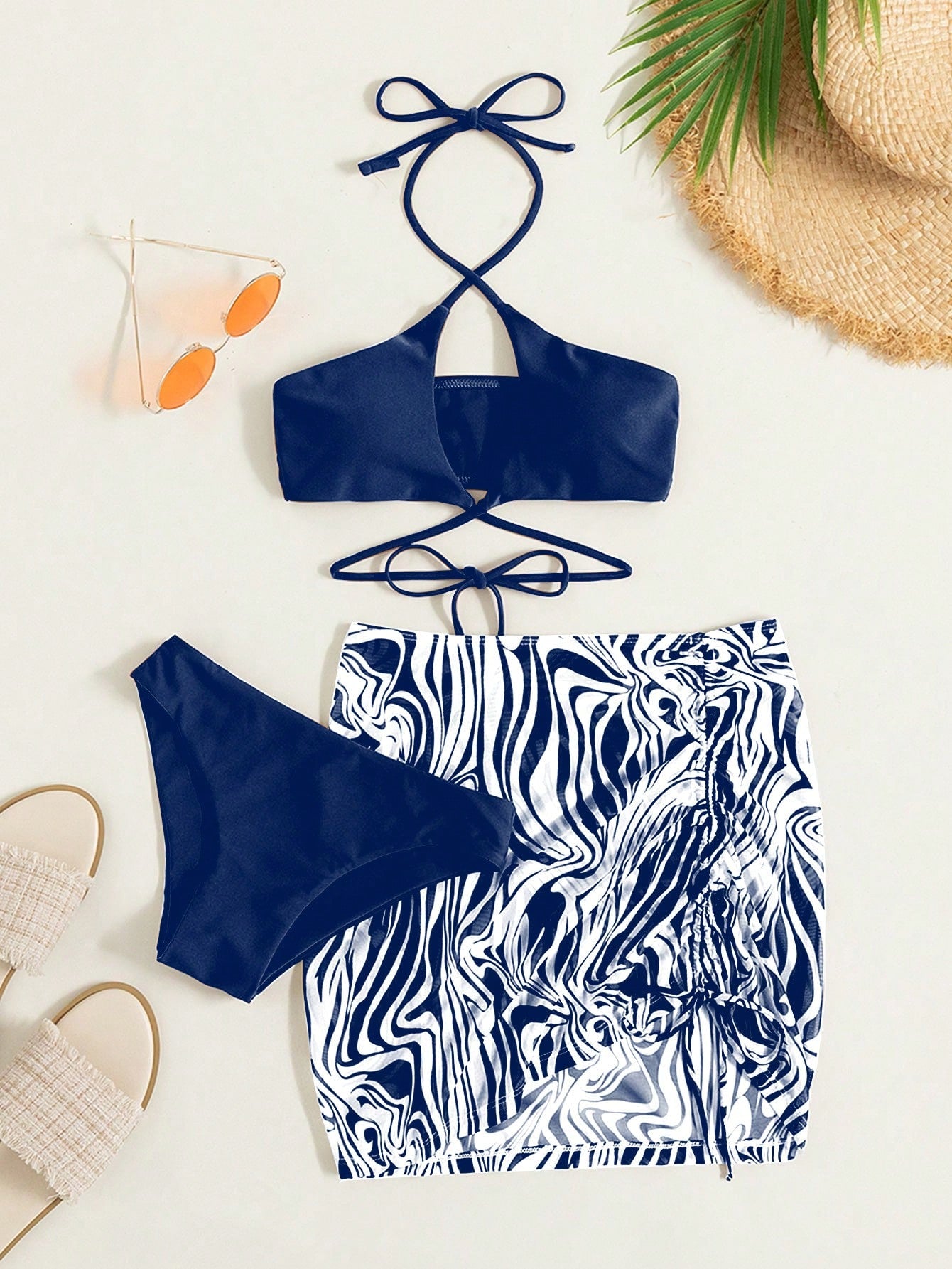 Swim Marble Print Bikini Set Crisscross Wireless Bra Top & Bikini Bottom & Drawstring Beach Cover Up Skirt 3 Pieces Bikini, Summer Beach Bathing Suit