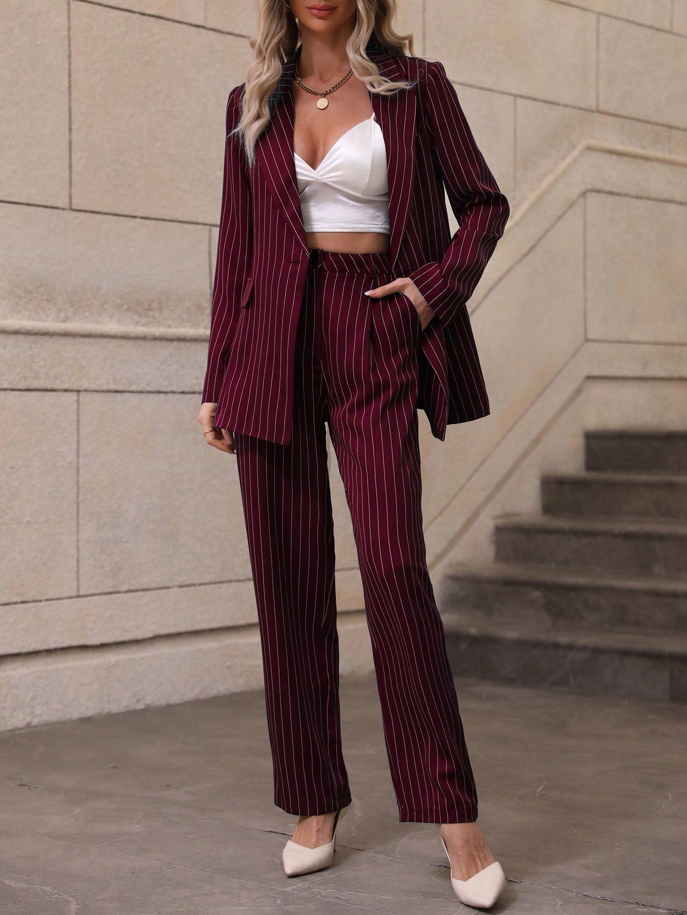 Striped Print Blazer & Pants