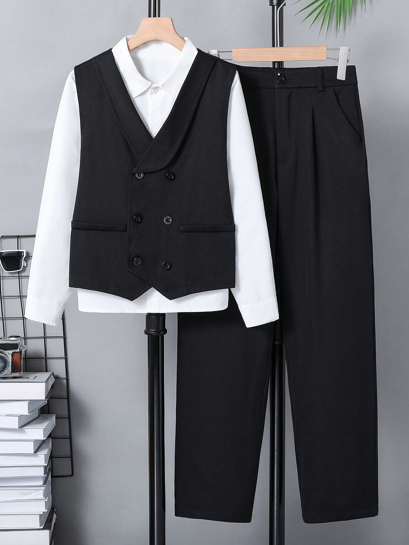 Teen Boy Solid Color Shawl Collar Double Breasted Vest With Long Pants, Gentleman Suit