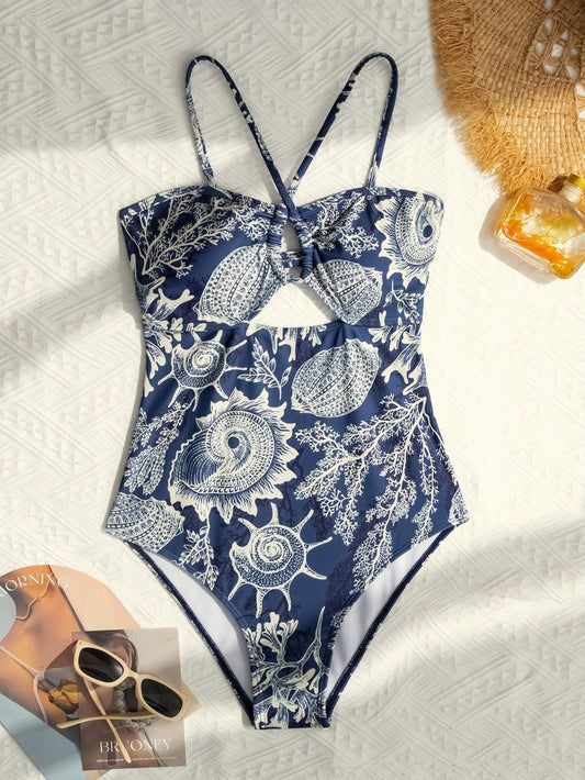 Swim Summer Beach Conch Print Cutout One-Piece Swimsuit