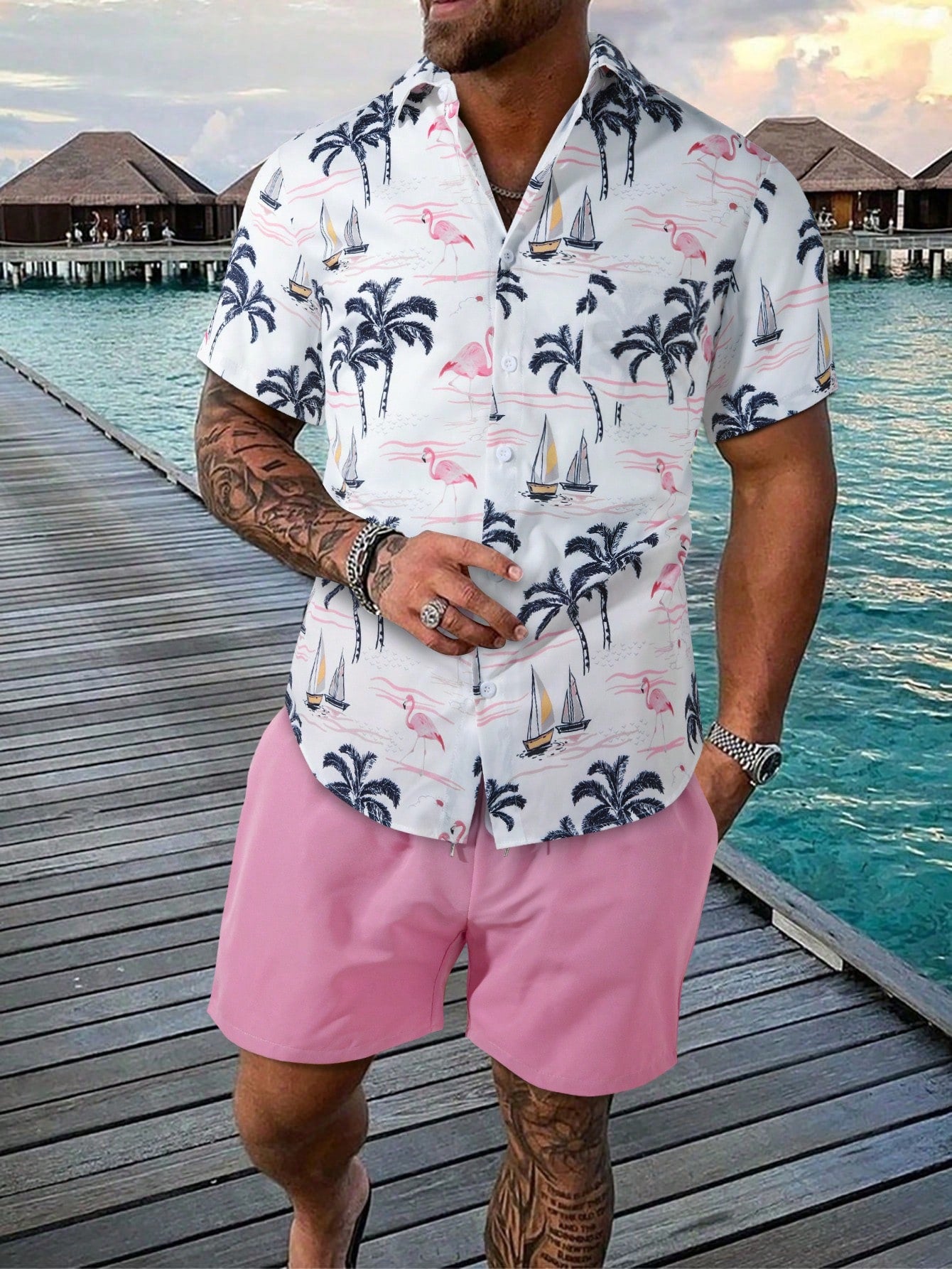 2pcs Men's Tropical Print Shirt And Shorts Set