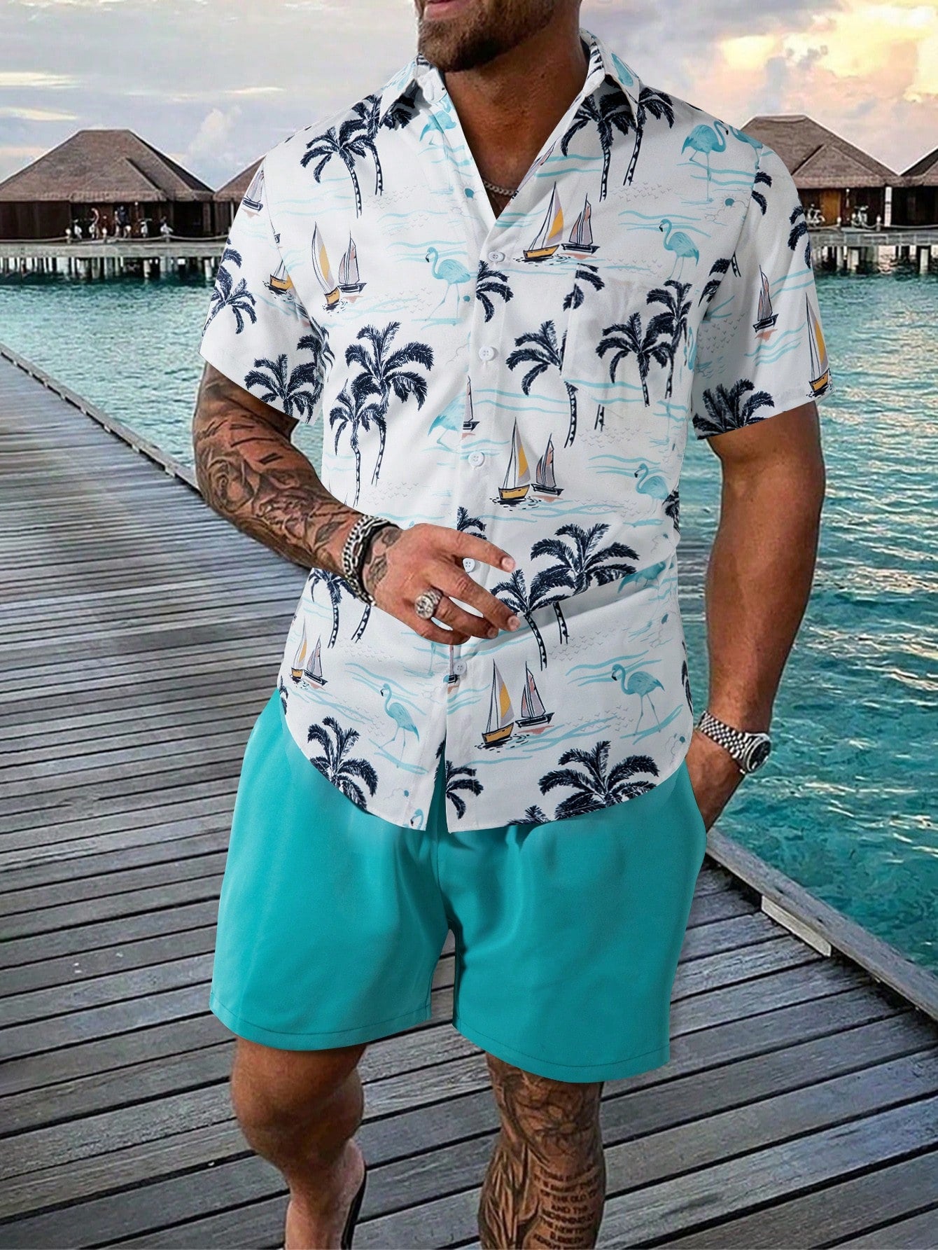 2pcs Men's Tropical Print Shirt And Shorts Set