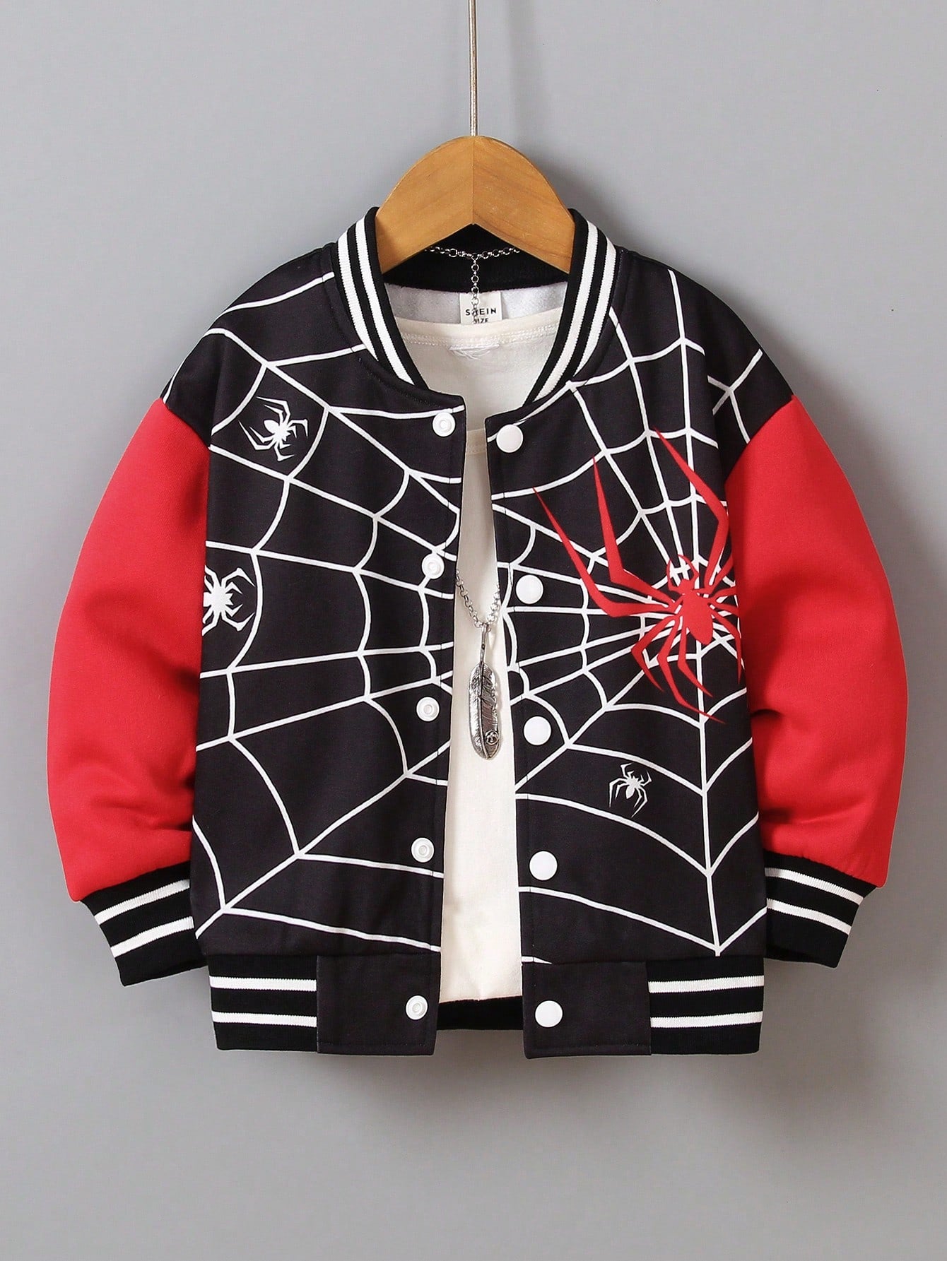 Young Boy Spider Web Print Striped Trim Varsity Jacket Without Tee