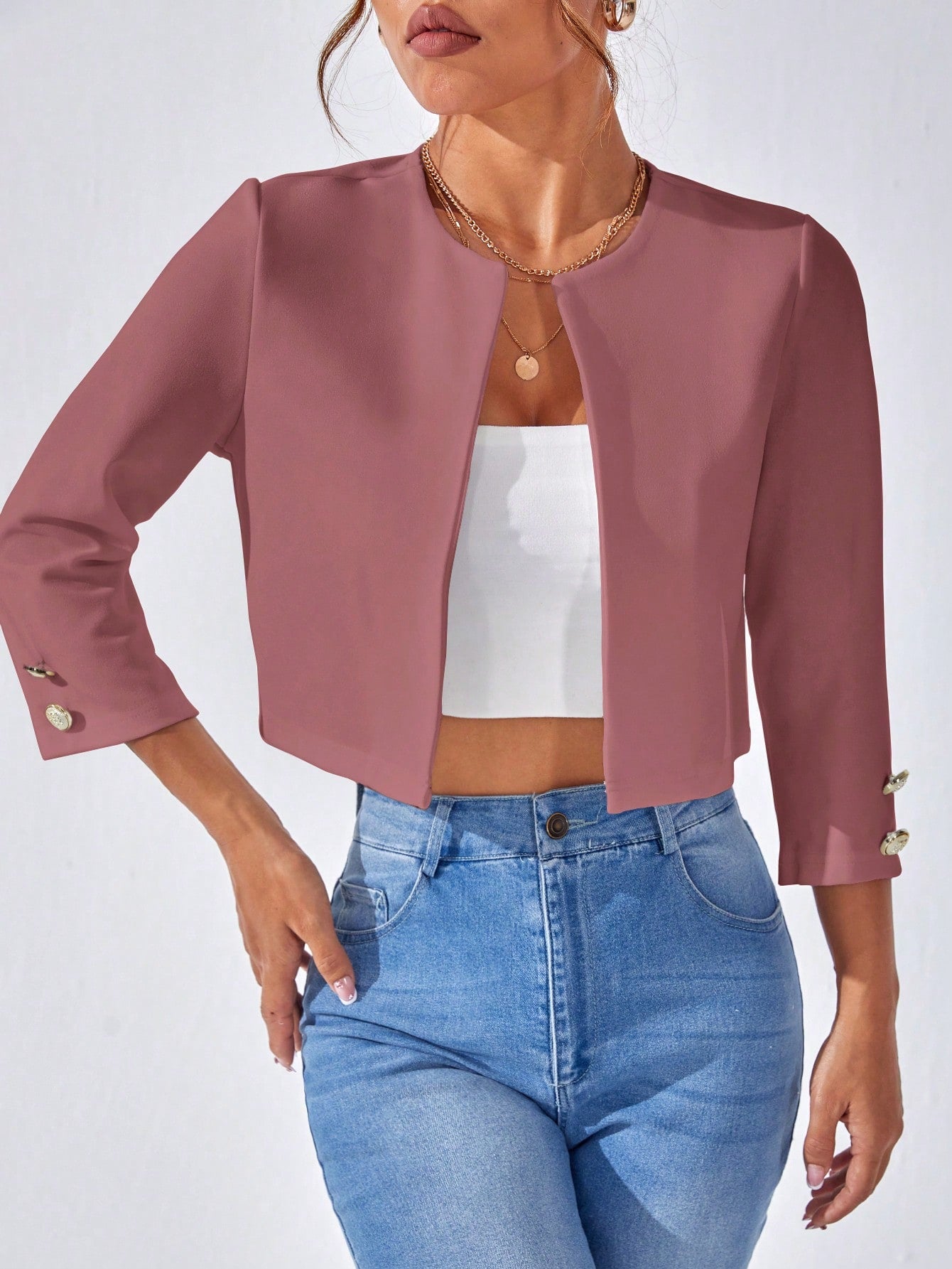 1pc Solid Open Front Crop Jacket