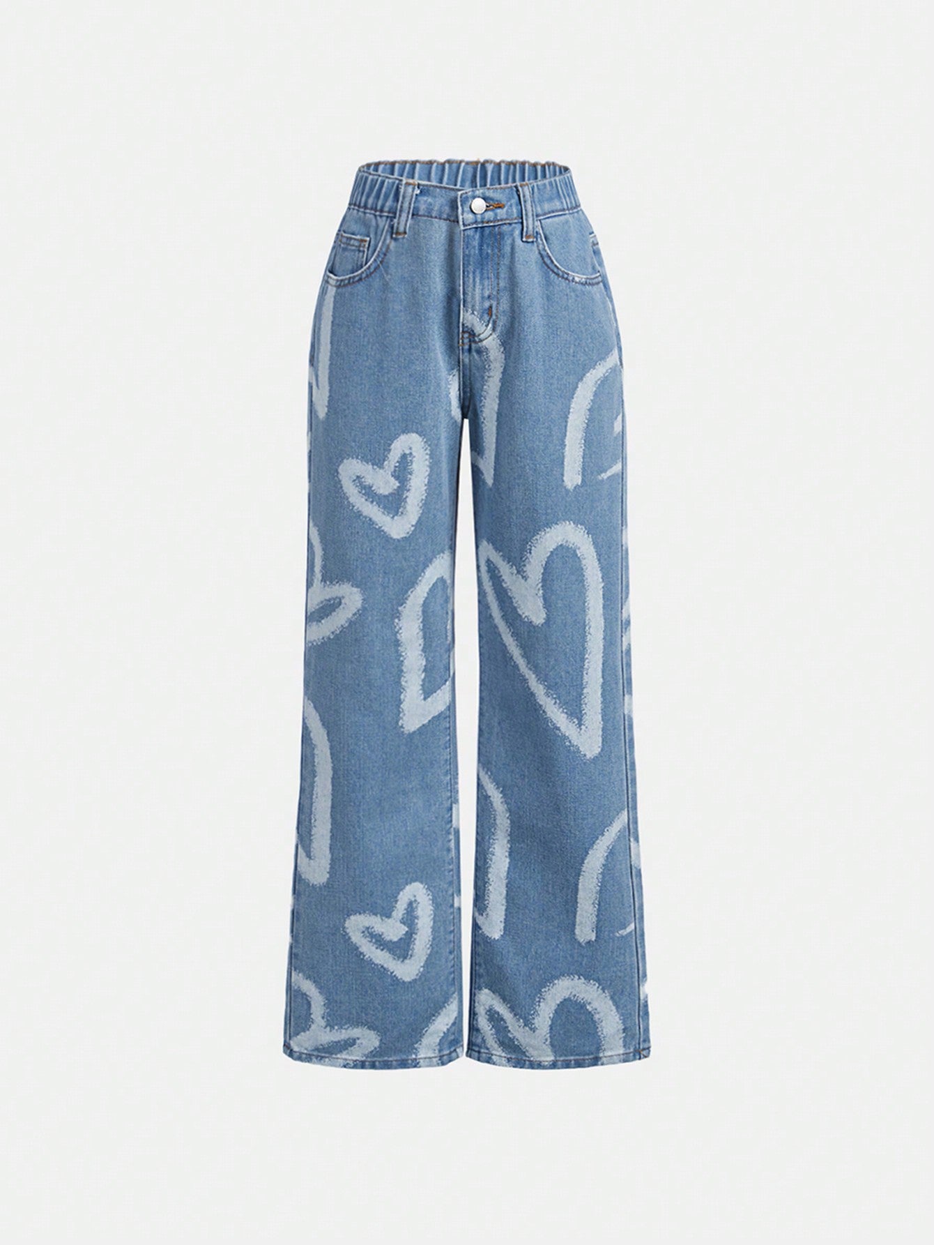 Tween Girl Fashionable Heart Printed Denim Jeans