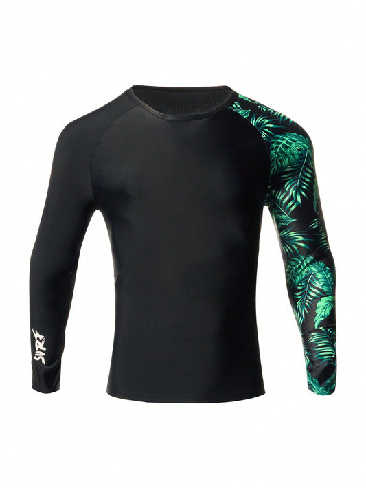 Men's Leaf Printed Rash Guard With Raglan Sleeves, Ideal For Swimming And Surfing