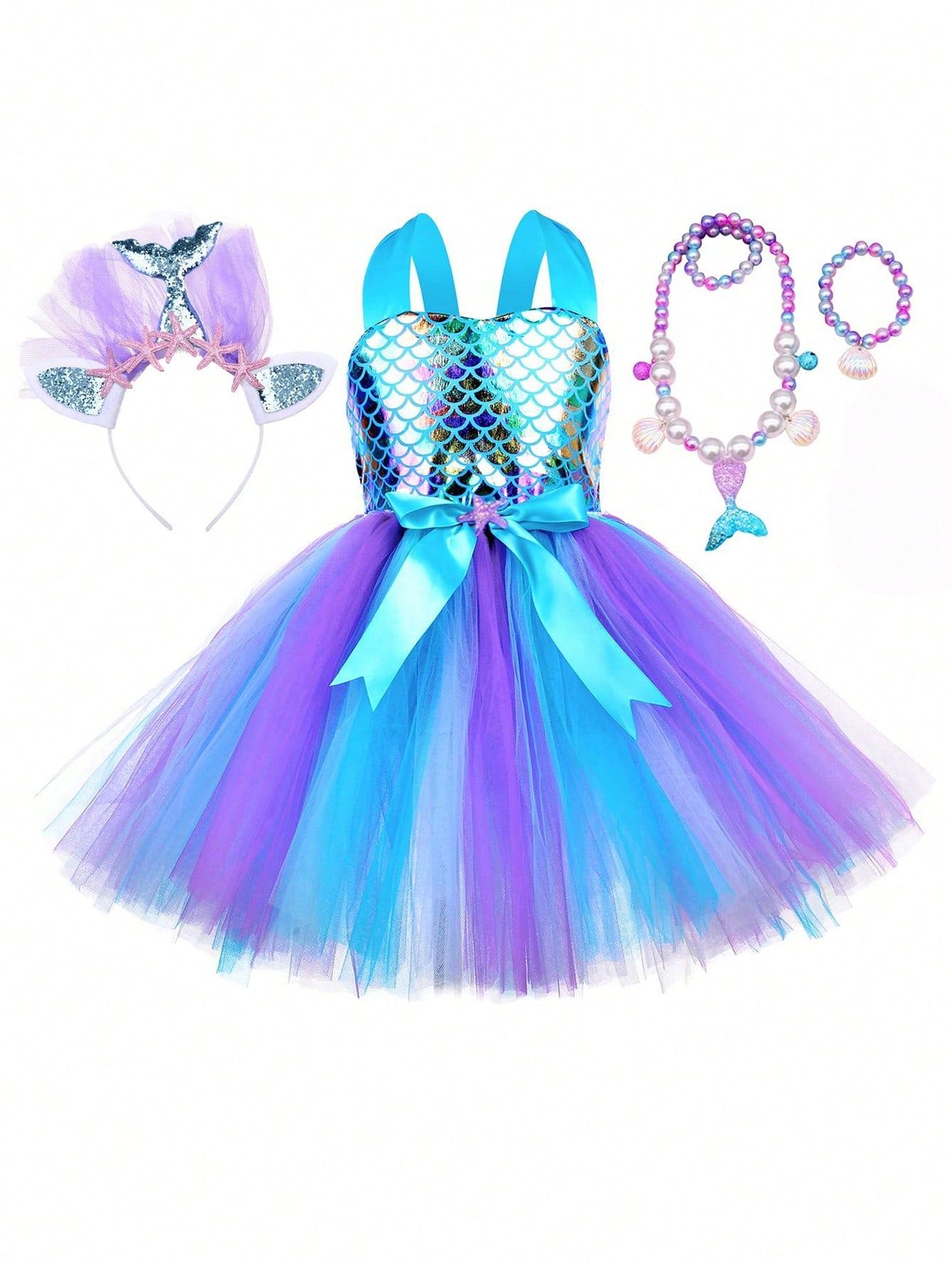 Young Girl Mermaid Princess Party Dress, Birthday Party Dress Up, With Headband And Necklace