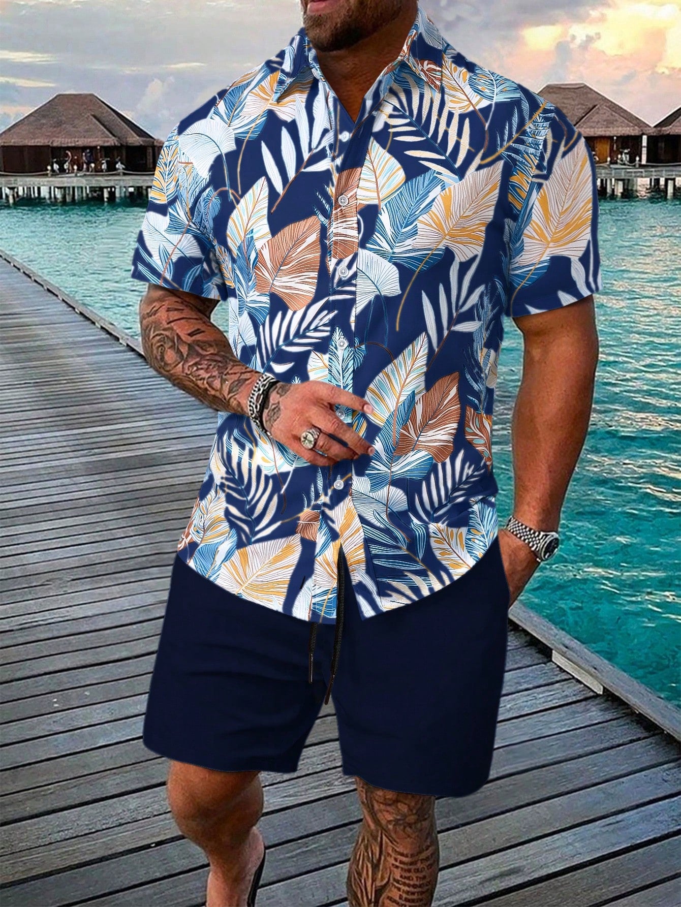 Men's Tropical Plant Print Short Sleeve Shirt And Shorts Set