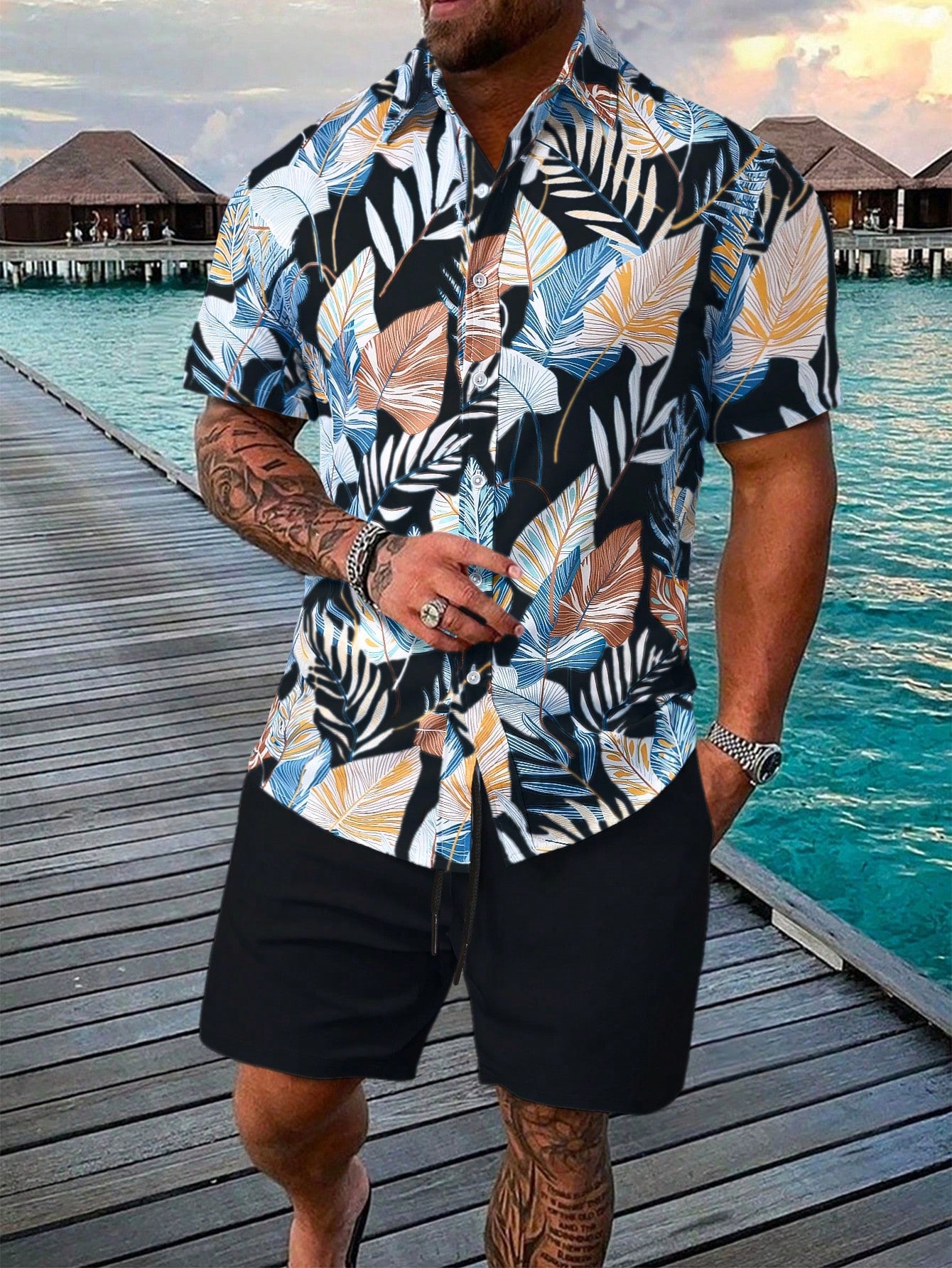 Men's Tropical Plant Printed Short Sleeve Shirt And Shorts Set