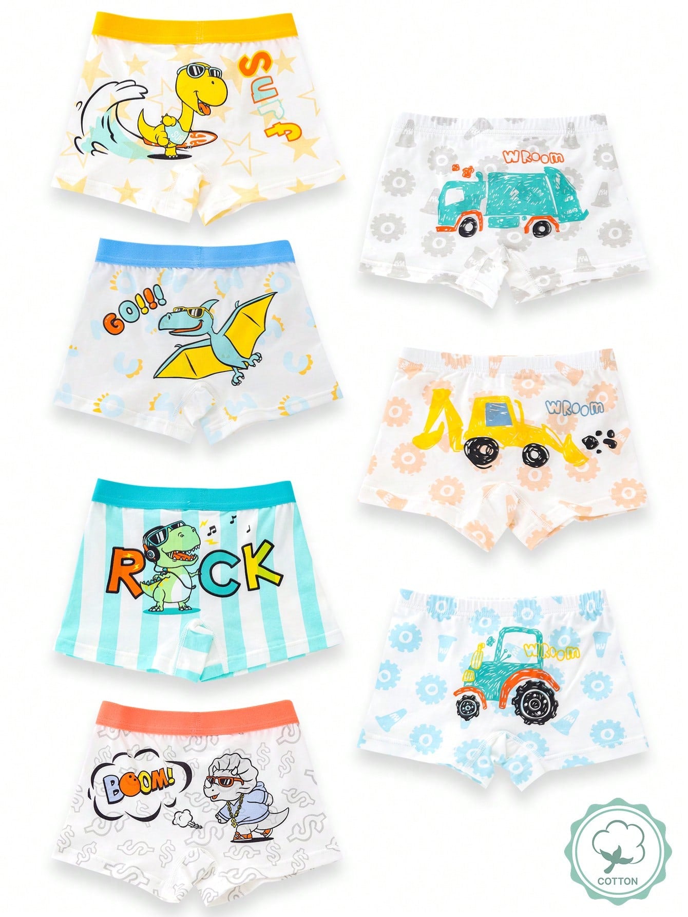 Young Boys' Underwear Set Of 7, Boxer Briefs With Cartoon Dinosaur And Excavator Prints, Color Block Waistband, Suitable For All Seasons