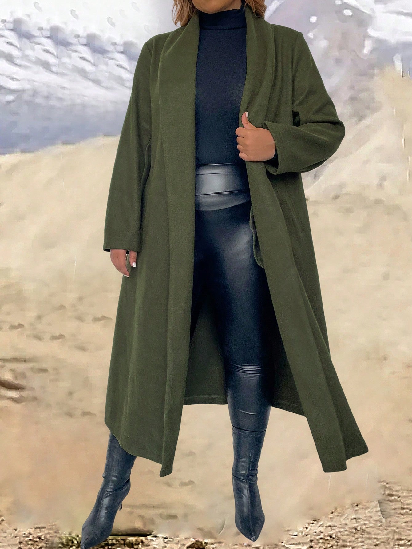 Plus Size Women's Long Woolen Coat With Shawl Collar