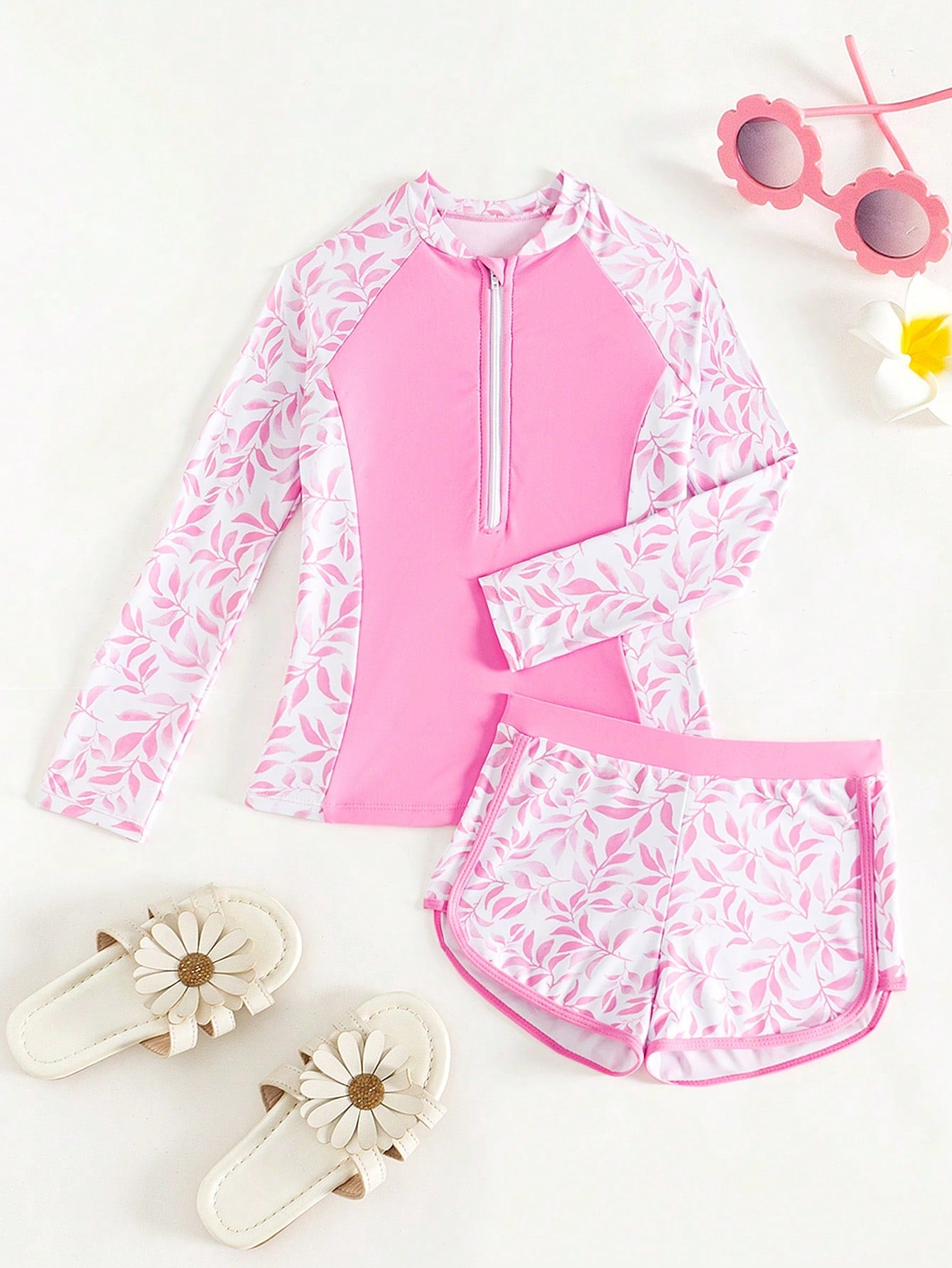 Tween Girl Zipper Printed Patchwork Long Sleeve Swimsuit And Swim Shorts