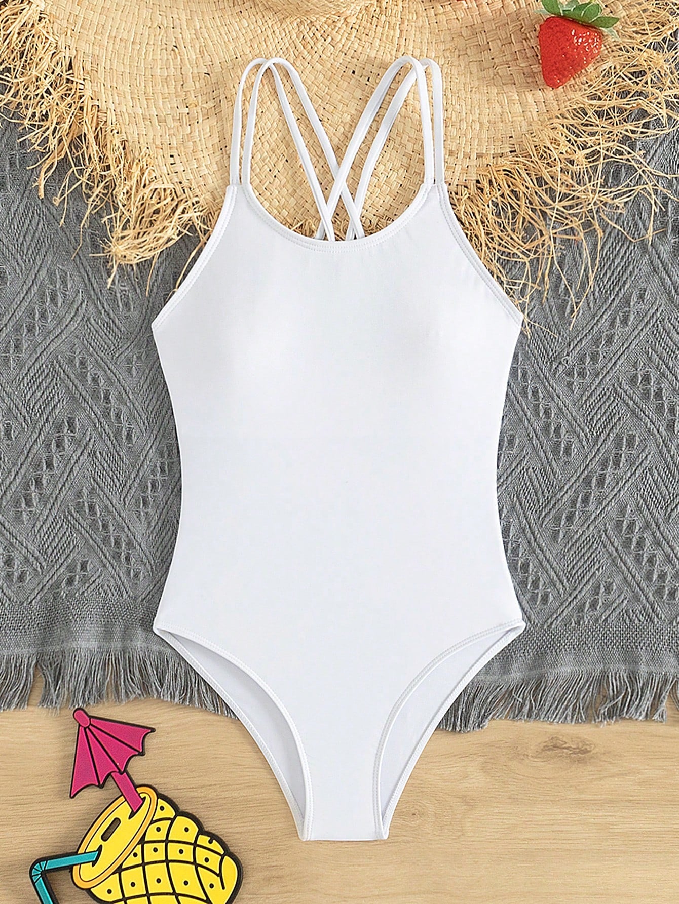 Tween Girl Casual And Versatile Solid Color One-Piece Swimsuit With Double Shoulder Straps