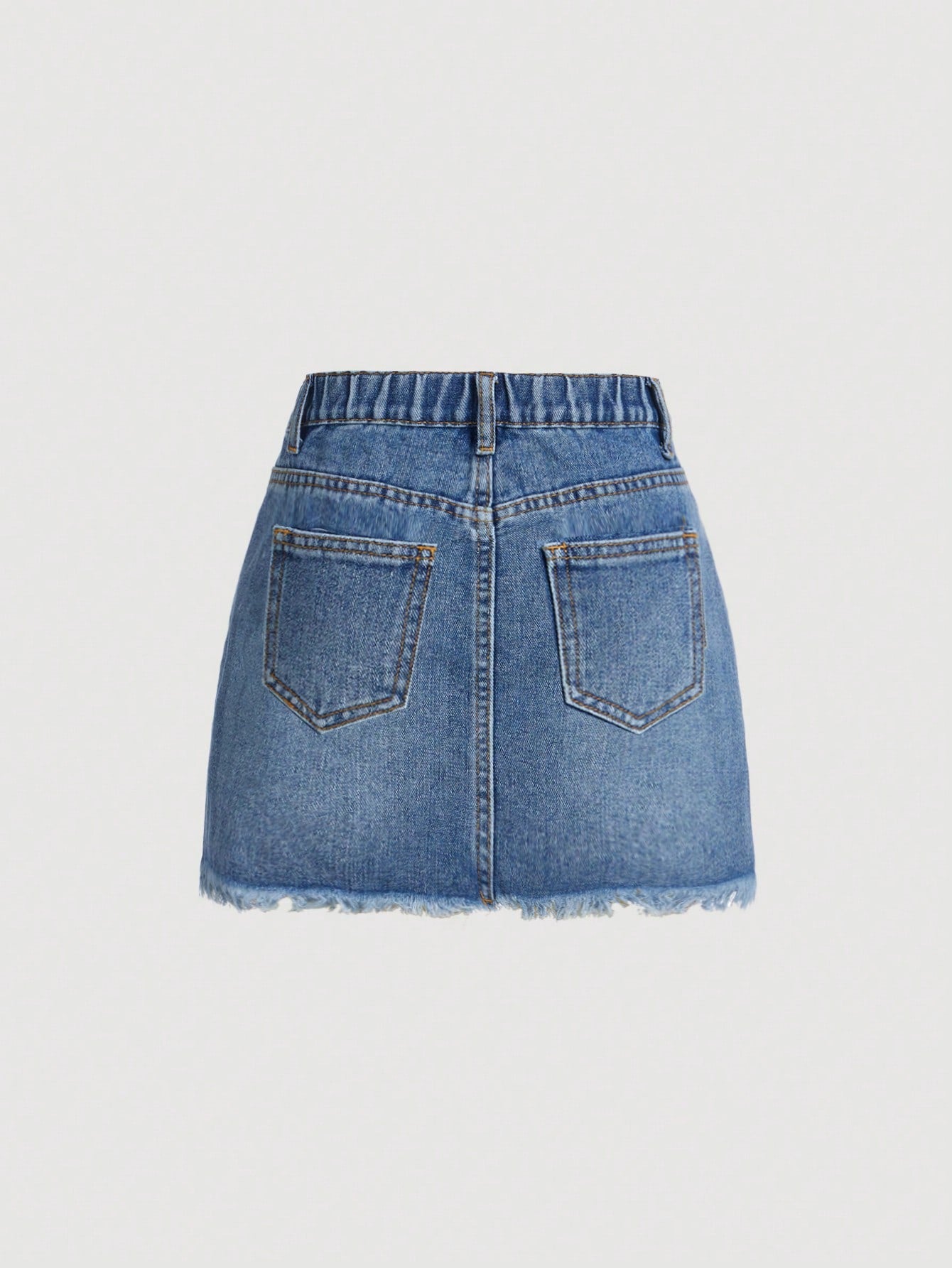 Tween Girl Y2K Fashionable Denim Skirt With Slanted Button Front And Frayed Hem, Washed Spring Summer Boho Skirt