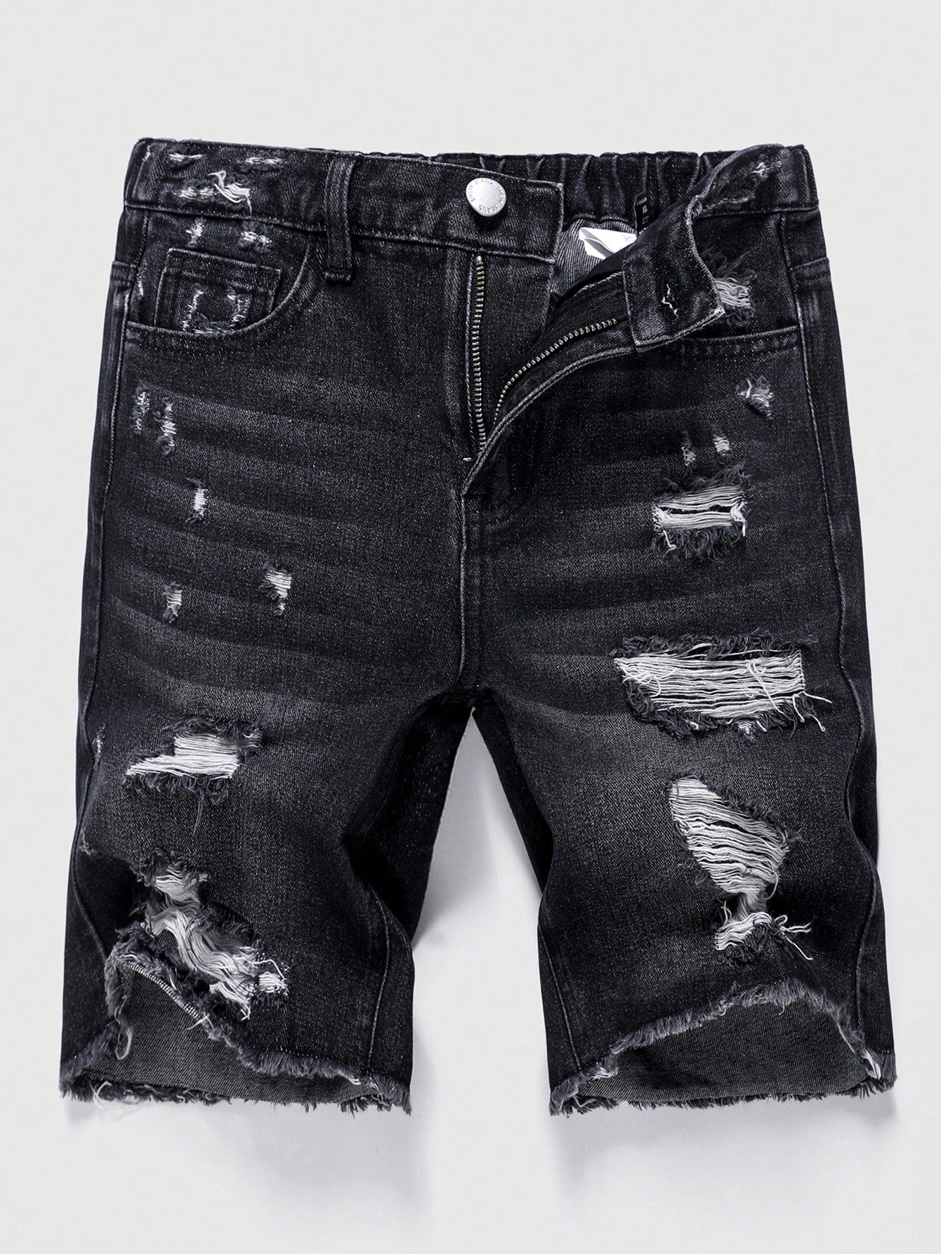 Tween Boy Ripped Frayed Washed Black Denim Jeans Shorts,For Spring And Summer Tween Boy Outfits