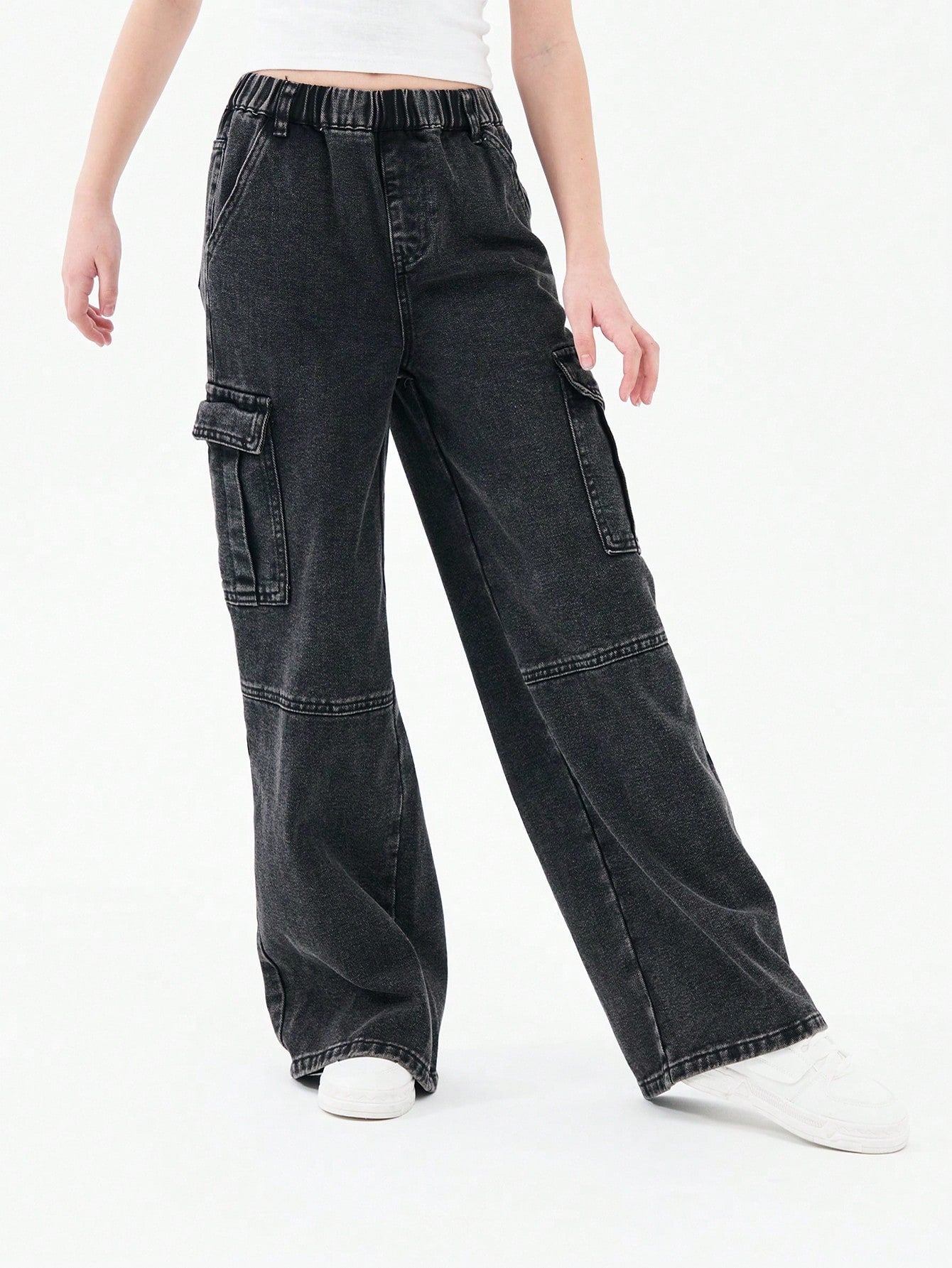 Tween Girl Black Casual Wide Leg Workwear Jeans With Slanted Pockets