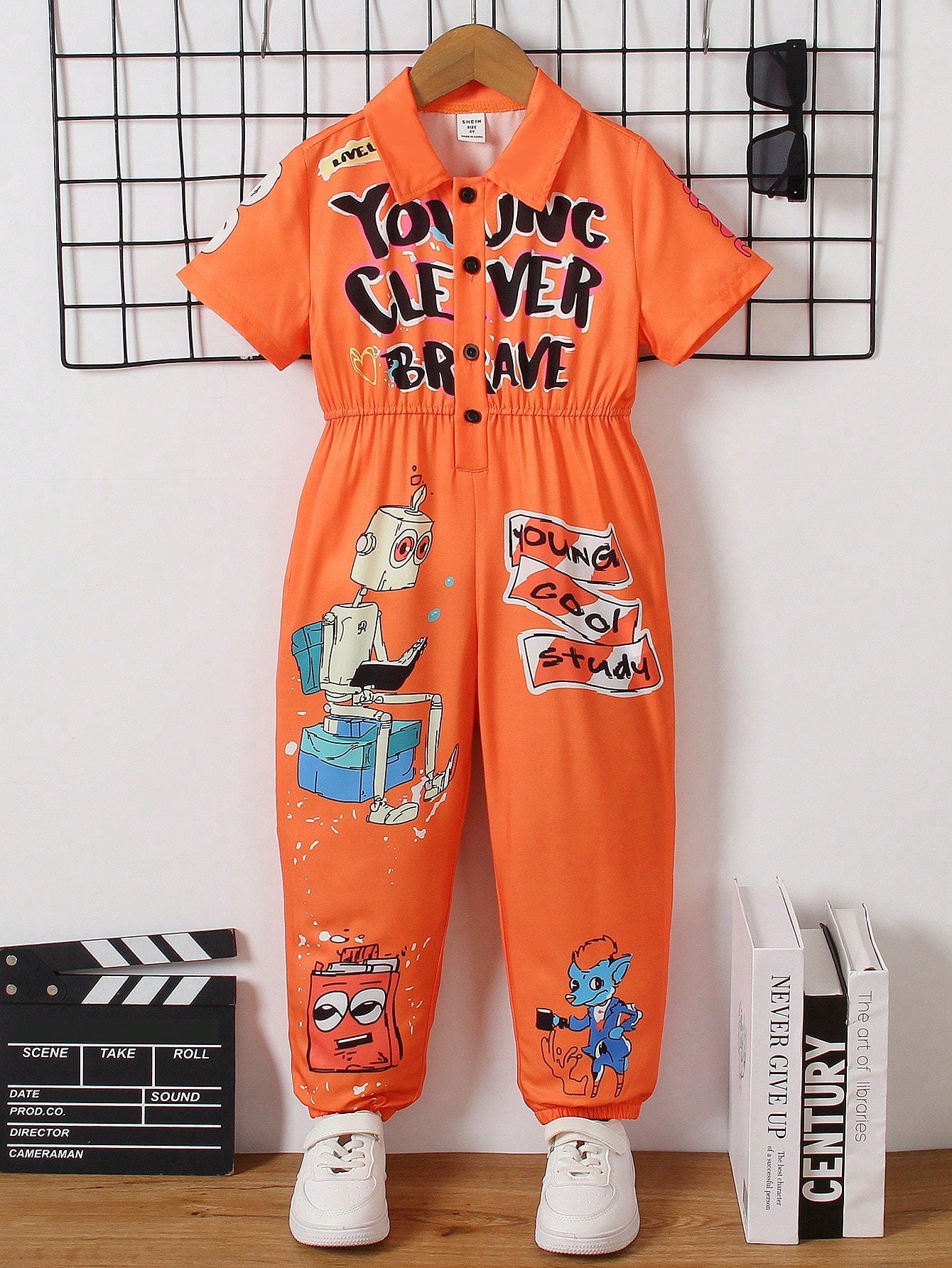 Young Boy Cartoon Slogan Printed Jumpsuit