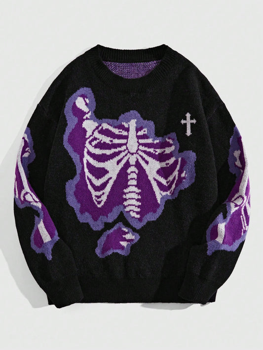 Punk Men Cross & Skeleton Pattern Sweater