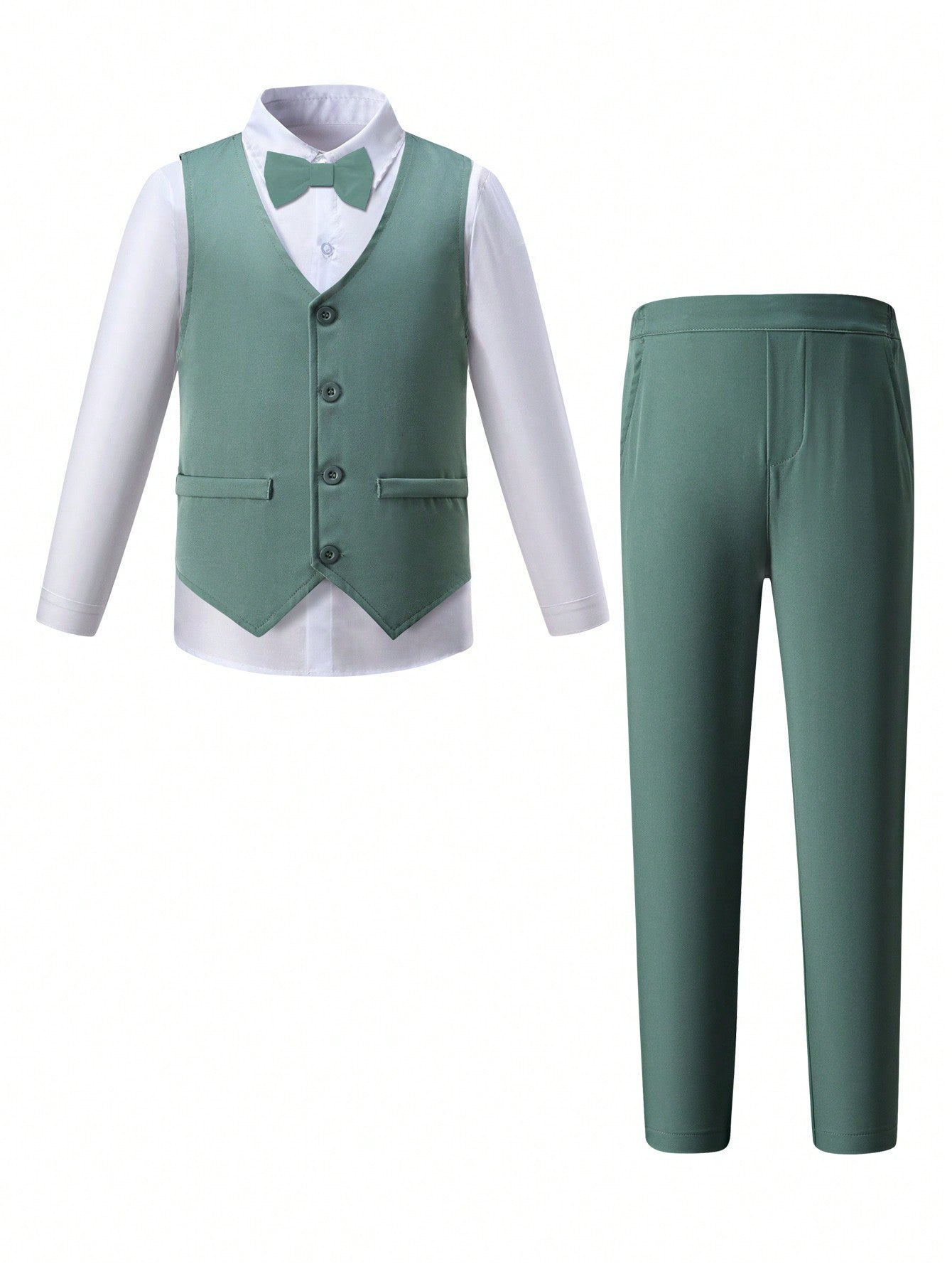 Tween Boy 2pcs/Set Green Waistcoat Suit, Gentleman & Festival Party Outfit, Perfect For Birthday Parties, Evening Gatherings And Weddings