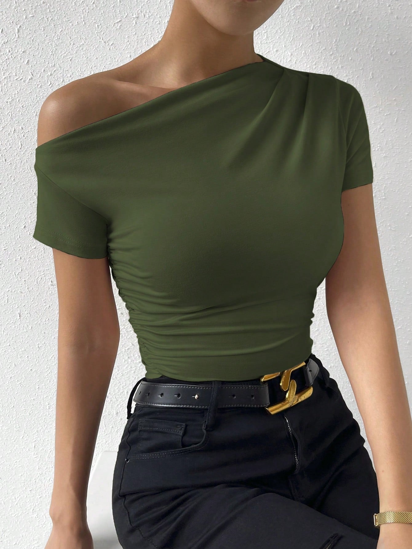 Raffinéa Solid Ruched Asymmetrical Neck Tee