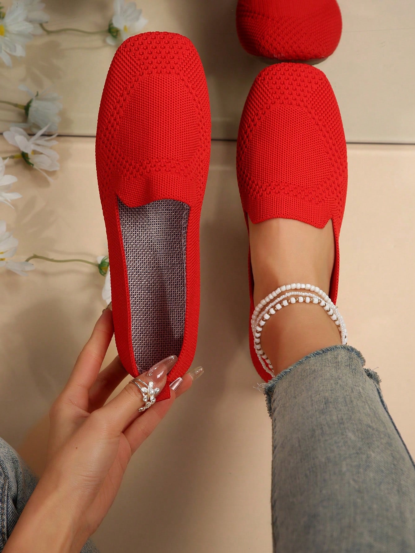 Women's Flat Shoes, Classic Breathable Square Toe Knitted Fabric Slip-On Shoes, Fashionable And Elegant Loafers