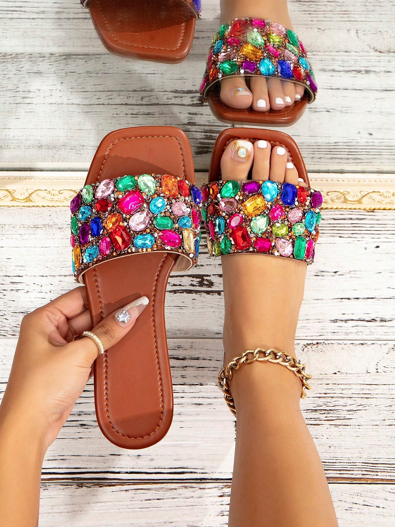 Women Rhinestone Decor Slide Sandals, Glamorous Summer Flat Sandals